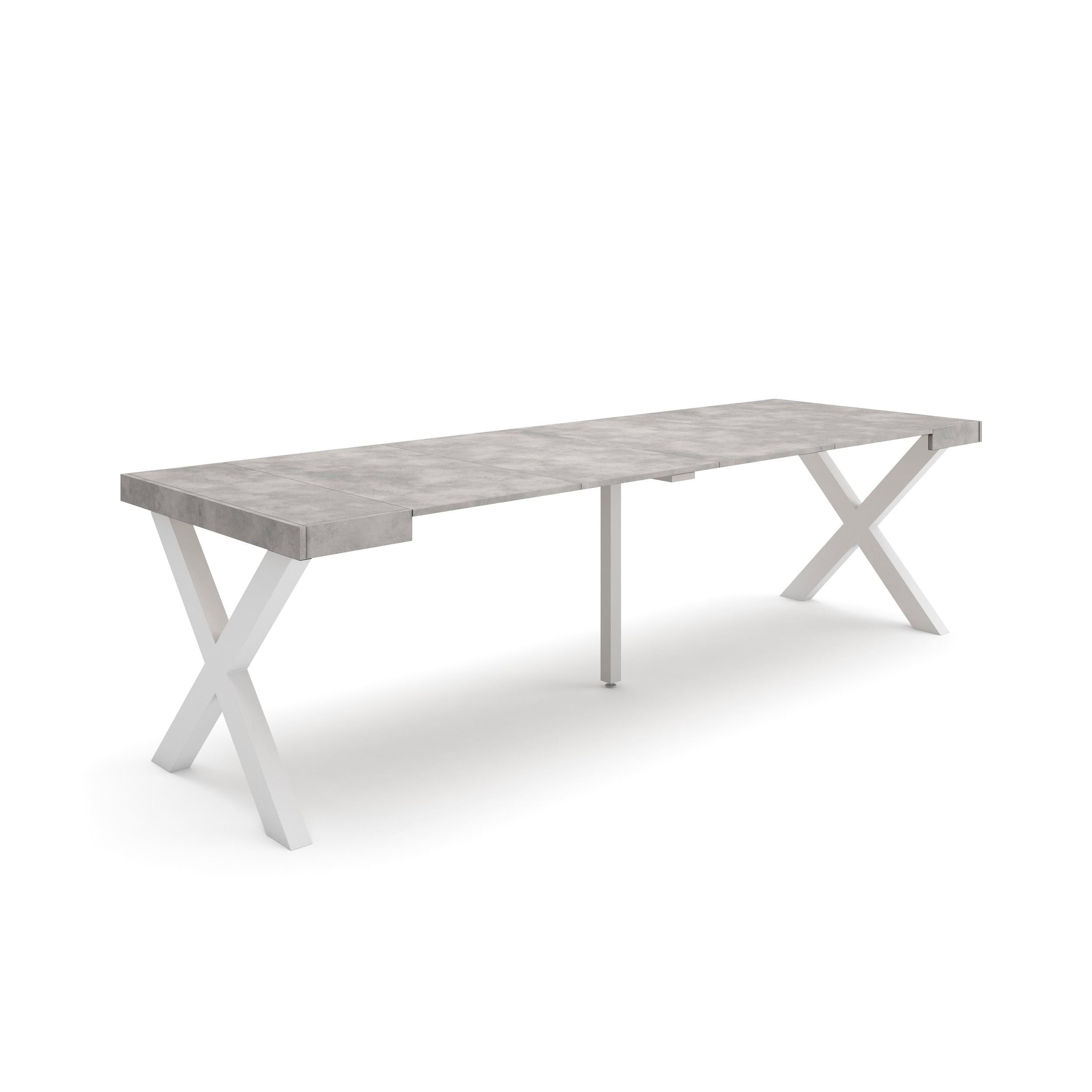 Table console extensible ciment 260 cm – Jusqu’à 12 personnes – Pieds en bois massif blancs en croix