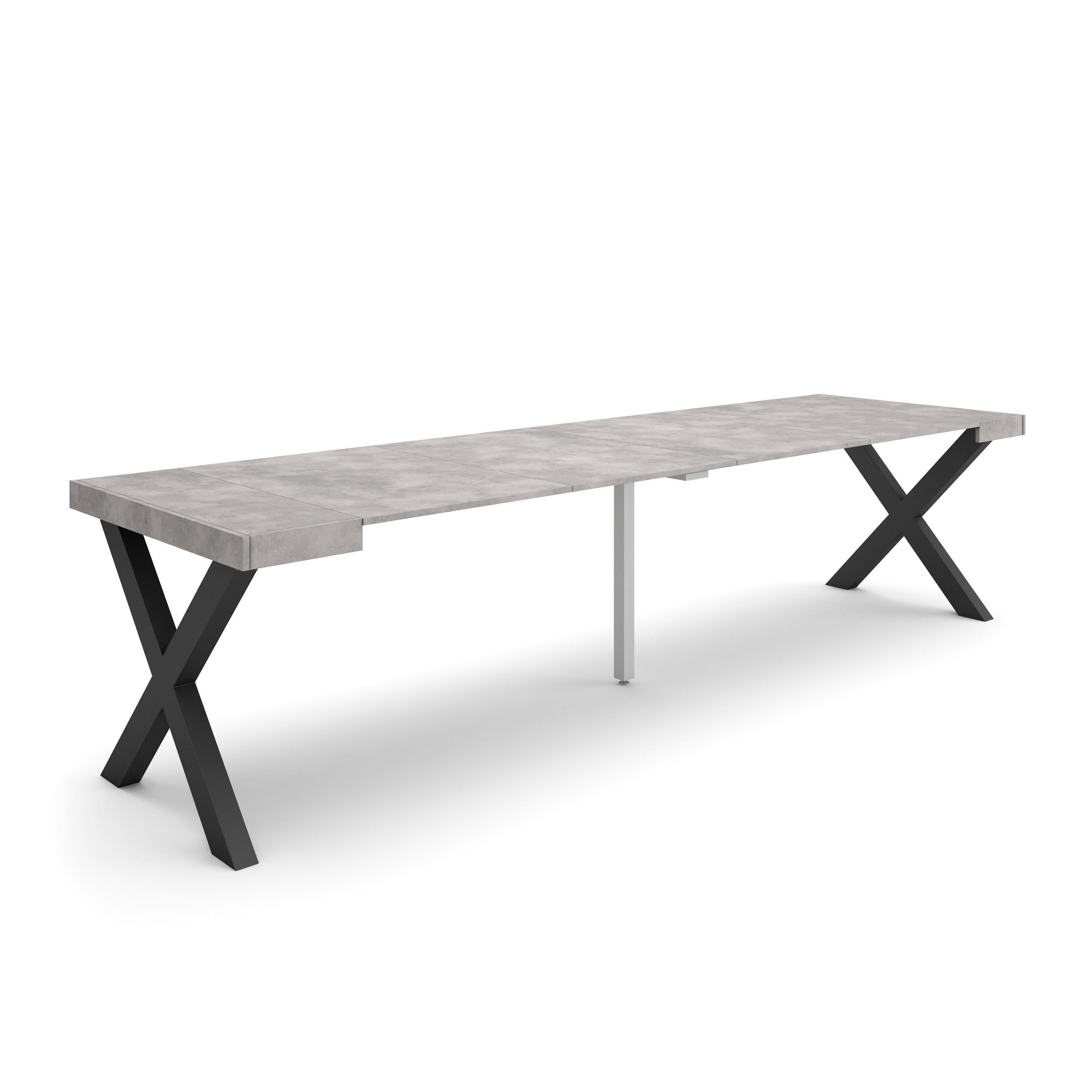 Table console extensible ciment 300 cm – Jusqu’à 14 personnes – Pieds en bois massif noirs en croix