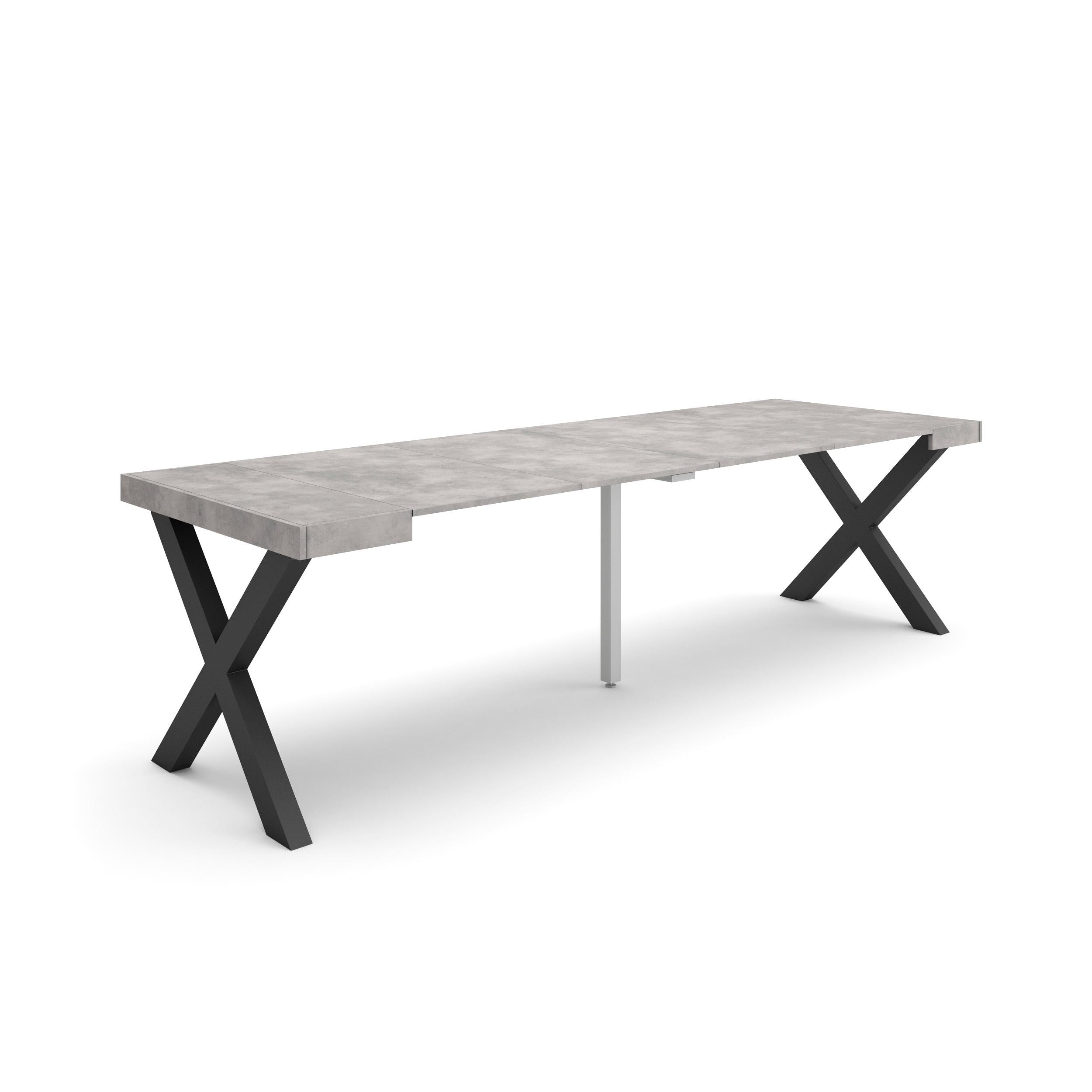 Table console extensible ciment 260 cm – Jusqu’à 12 personnes – Pieds en bois massif noirs en croix