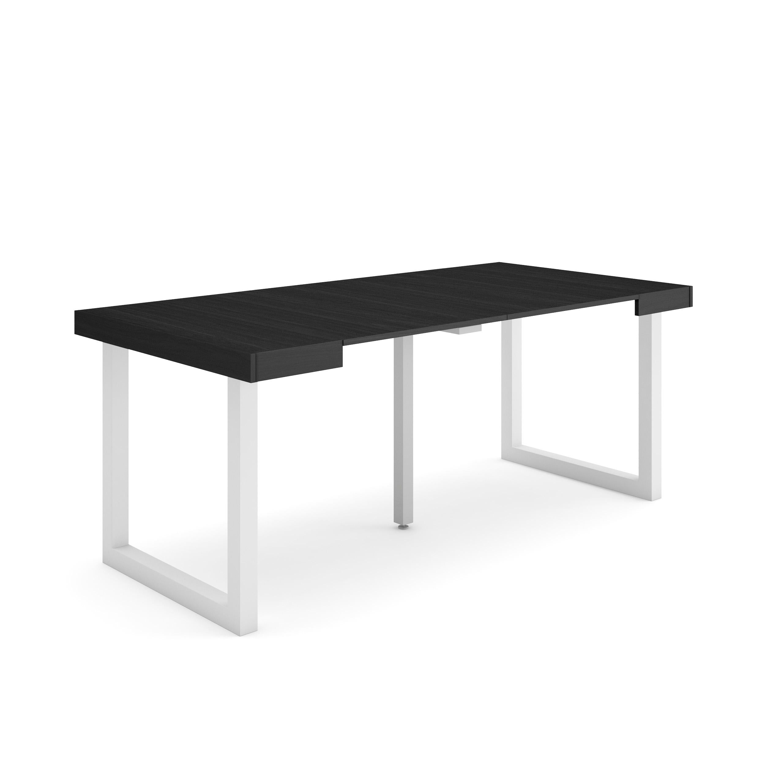 Table console extensible noire 180 cm – Jusqu’à 8 personnes – Pieds en bois massif blancs en U