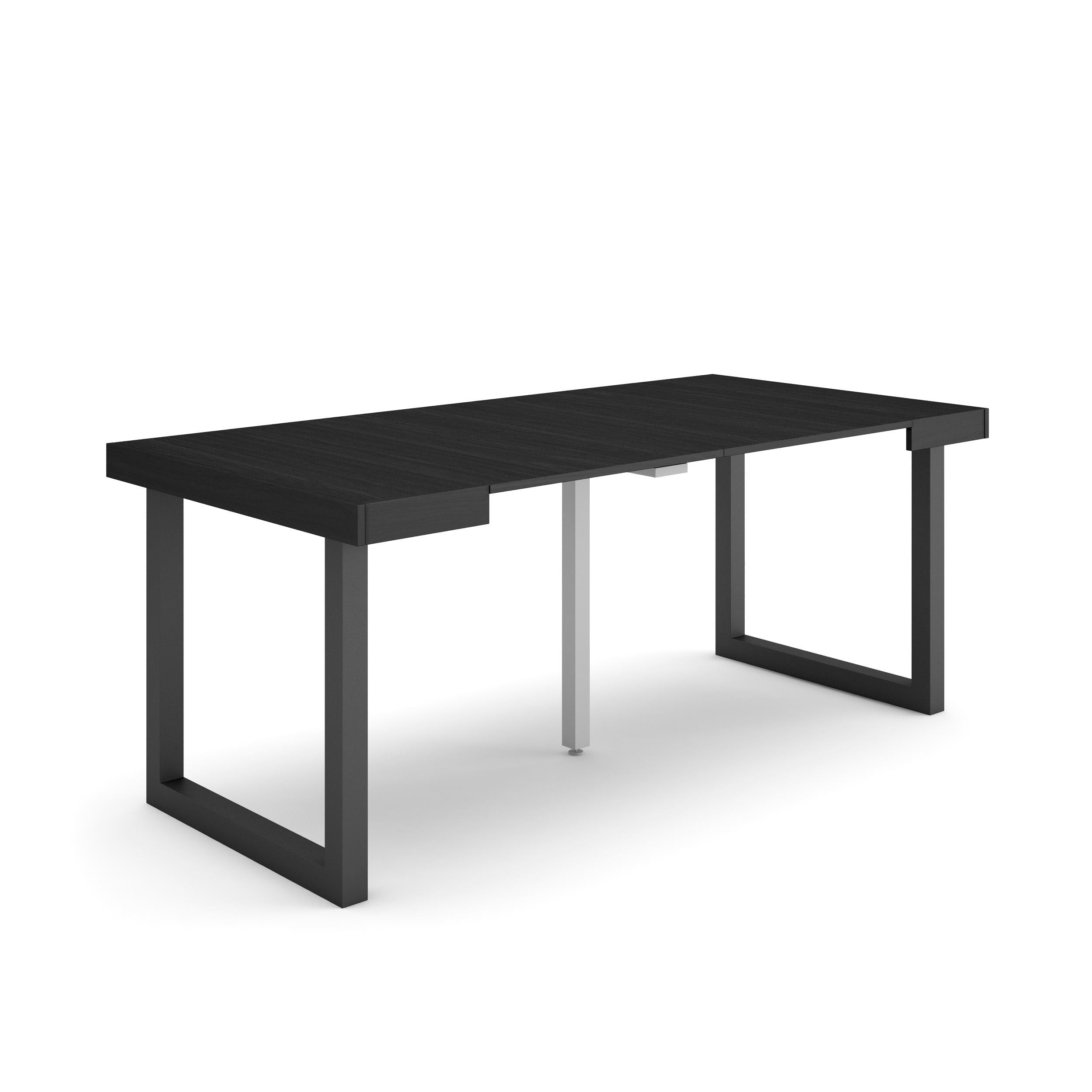 Table console extensible noire 180 cm – Jusqu’à 8 personnes – Pieds en bois massif noirs en U