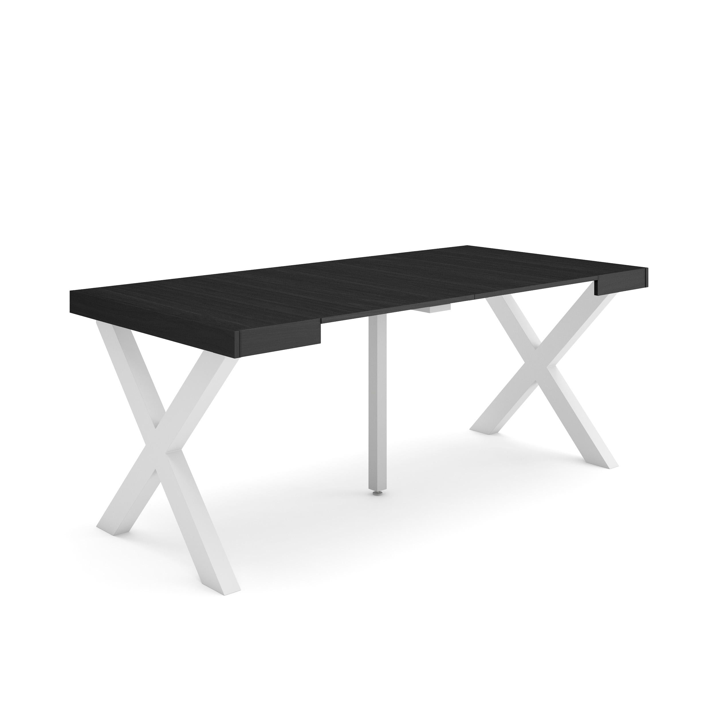 Table console extensible noire 180 cm – Jusqu’à 8 personnes – Pieds en bois massif blancs en croix