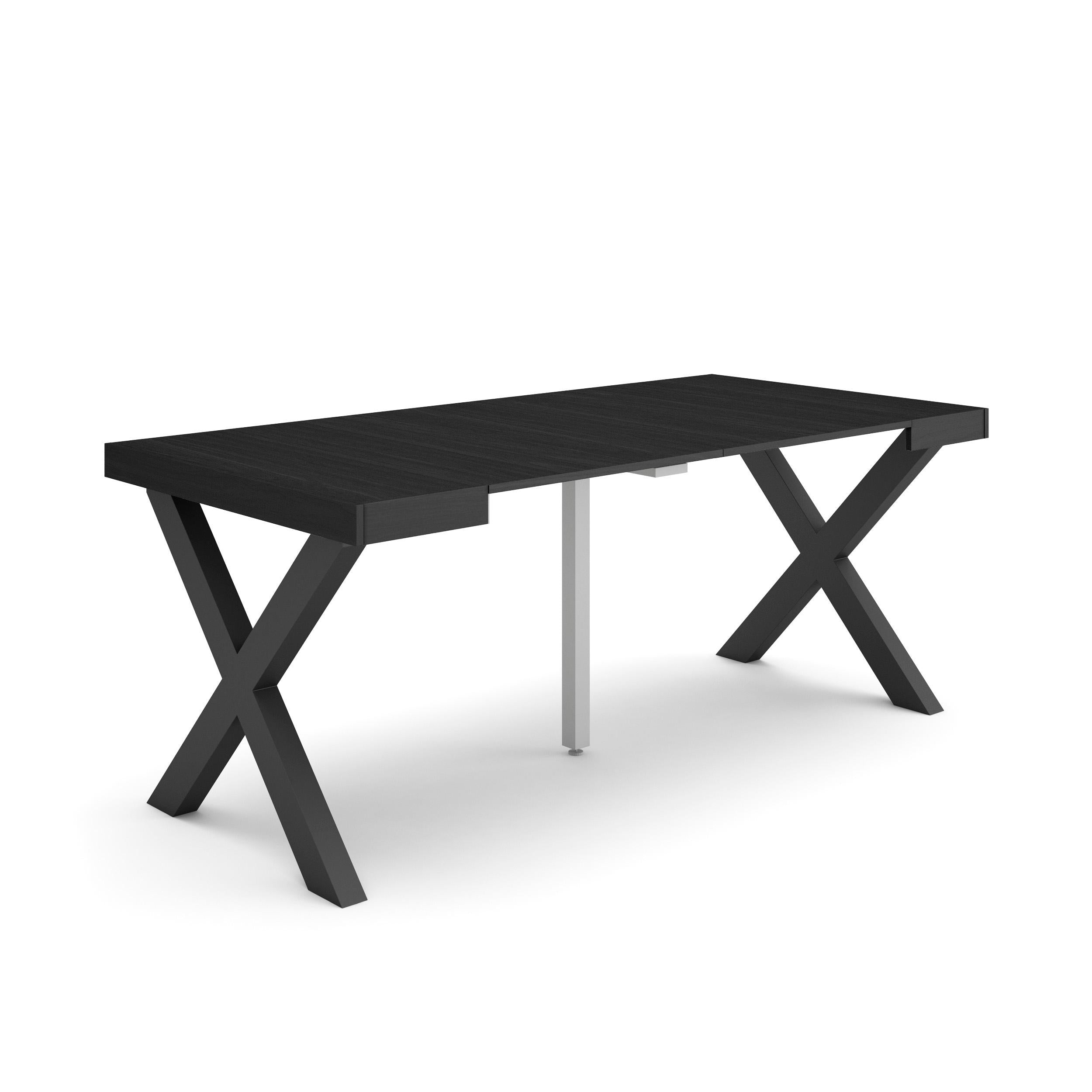 Table console extensible noire 180 cm – Jusqu’à 8 personnes – Pieds en bois massif noirs en croix