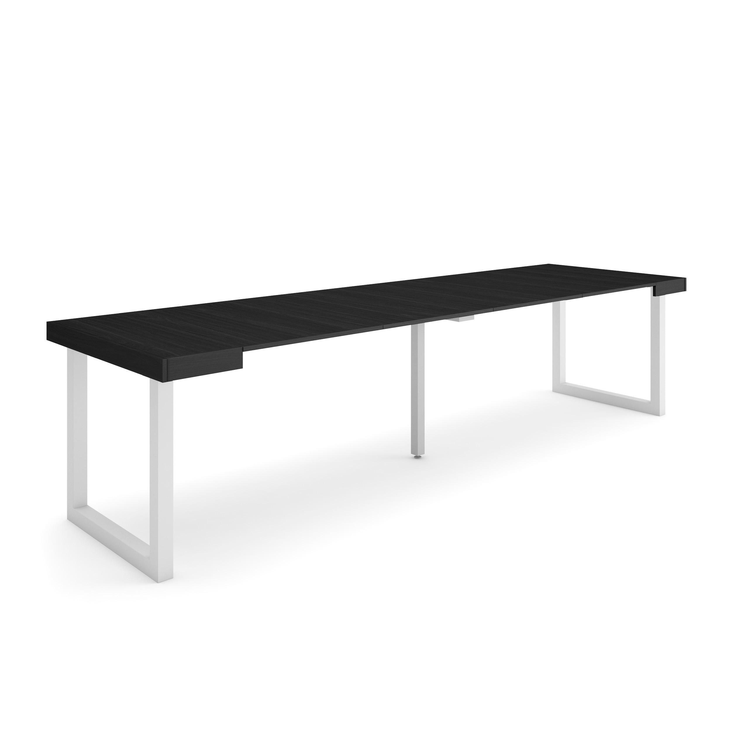 Table console extensible noire 300 cm – Jusqu’à 14 personnes – Pieds en bois massif blancs en U