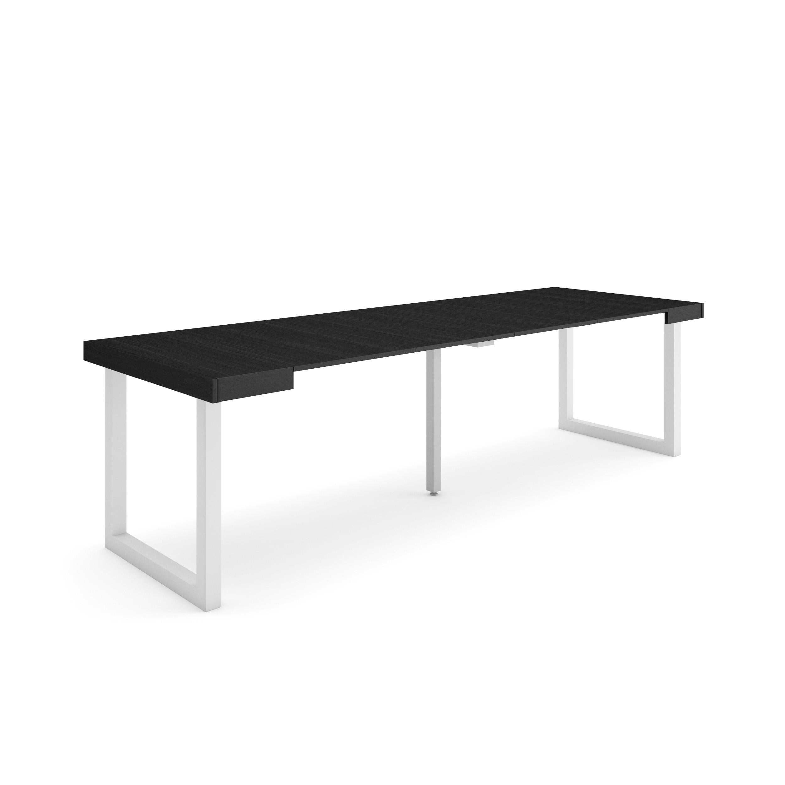 Table console extensible noire 260 cm – Jusqu’à 12 personnes – Pieds en bois massif blancs en U