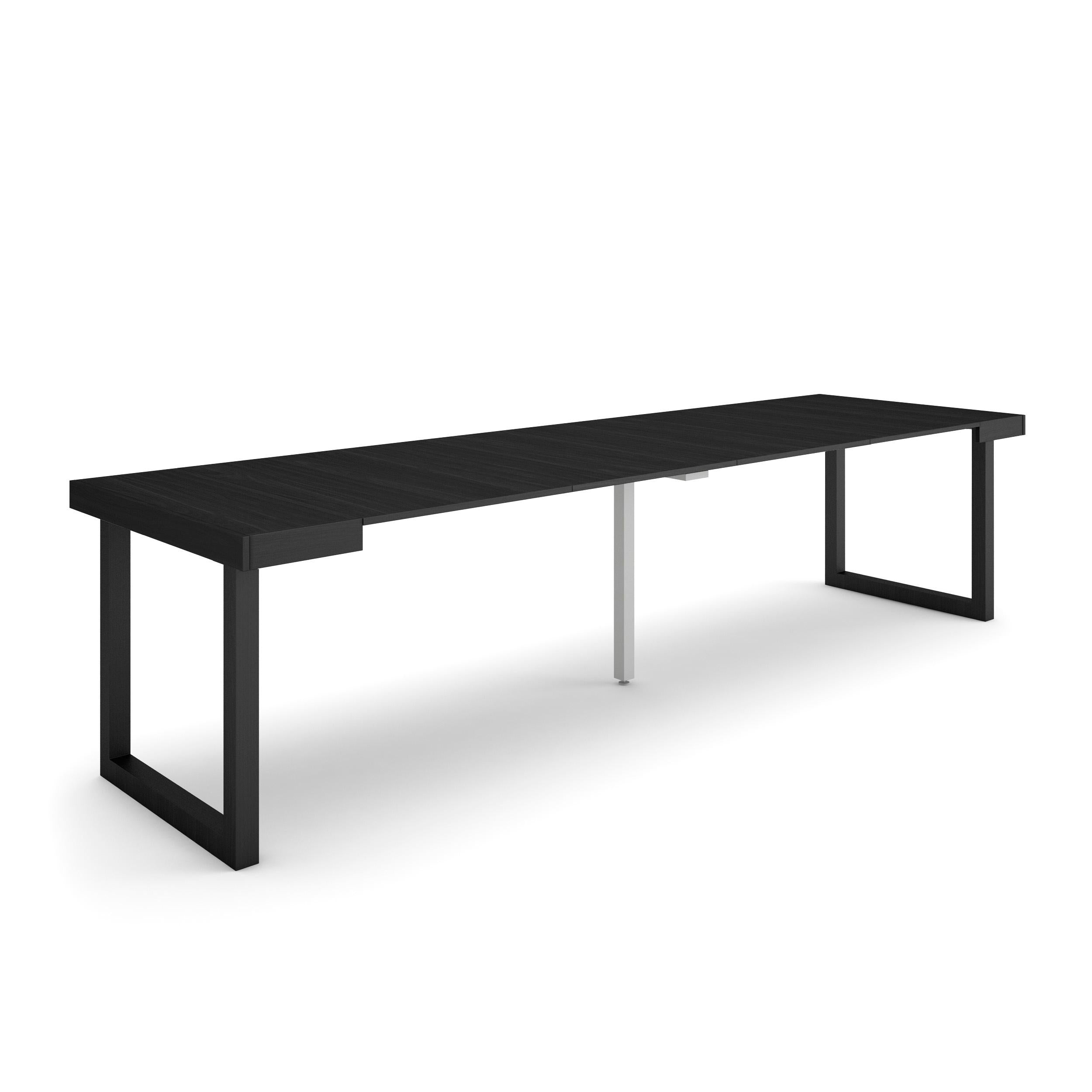 Table console extensible noire 300 cm – Jusqu’à 14 personnes – Pieds en bois massif noirs en U