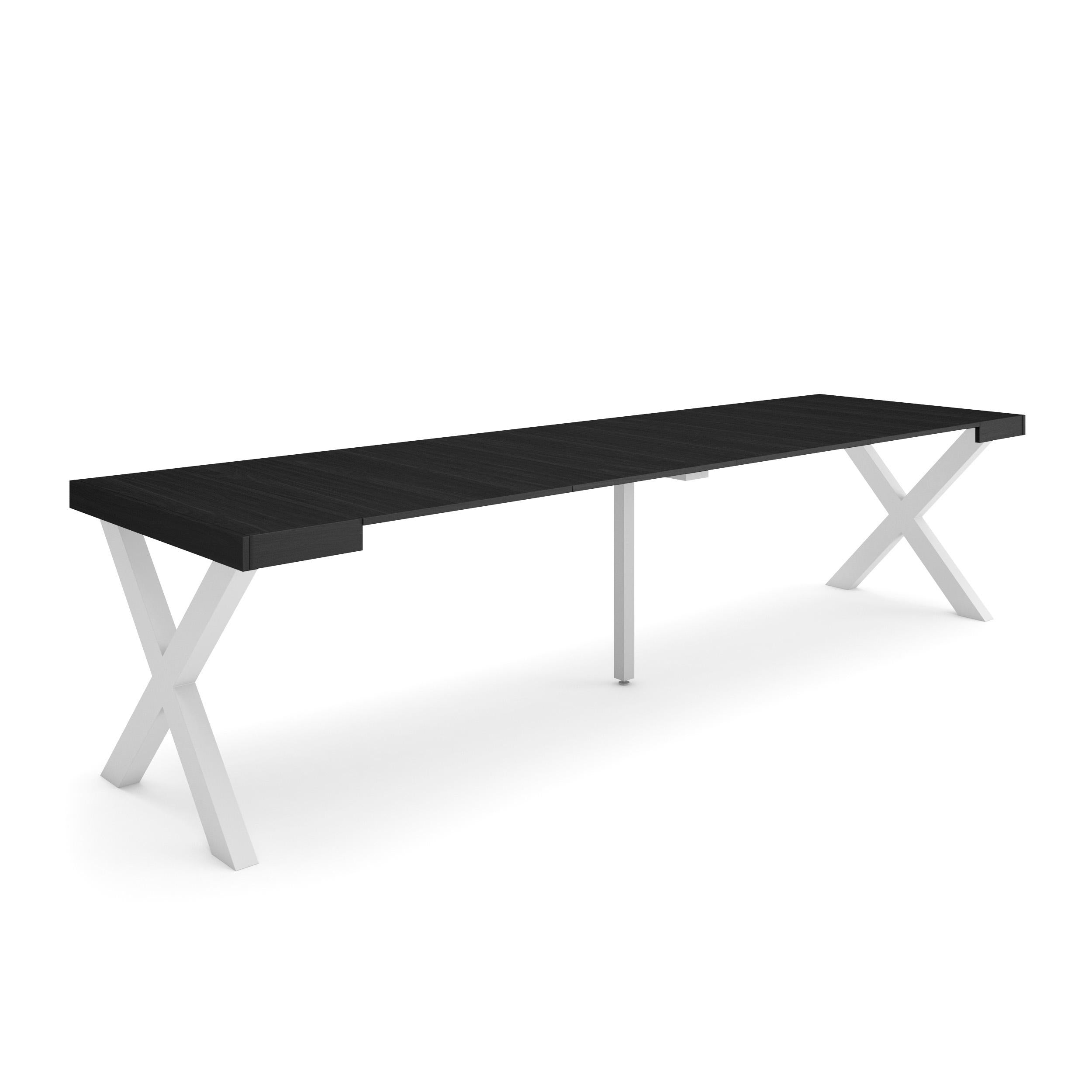 Table console extensible noire 300 cm – Jusqu’à 14 personnes – Pieds en bois massif blancs en croix