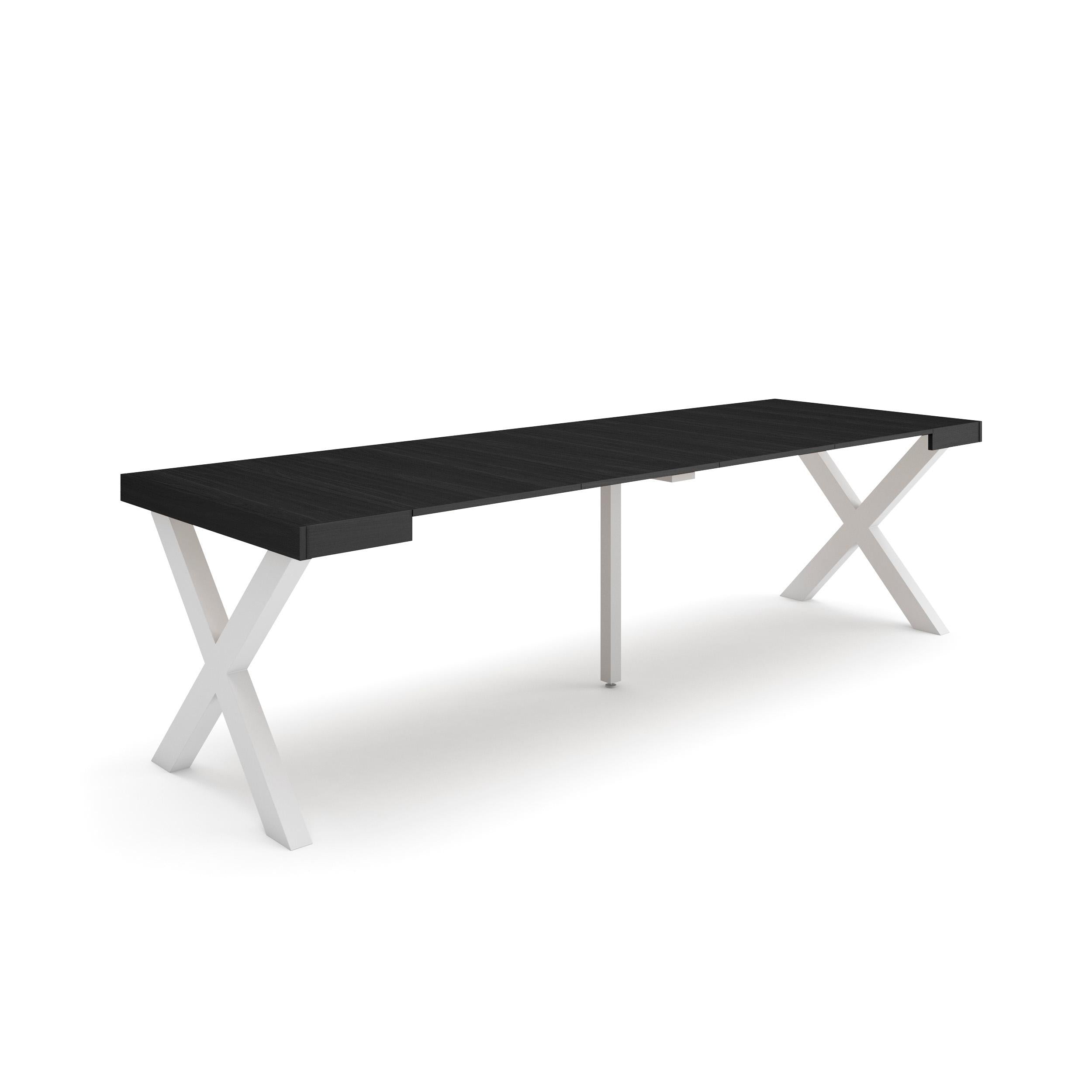 Table console extensible noire 260 cm – Jusqu’à 12 personnes – Pieds en bois massif blancs en croix