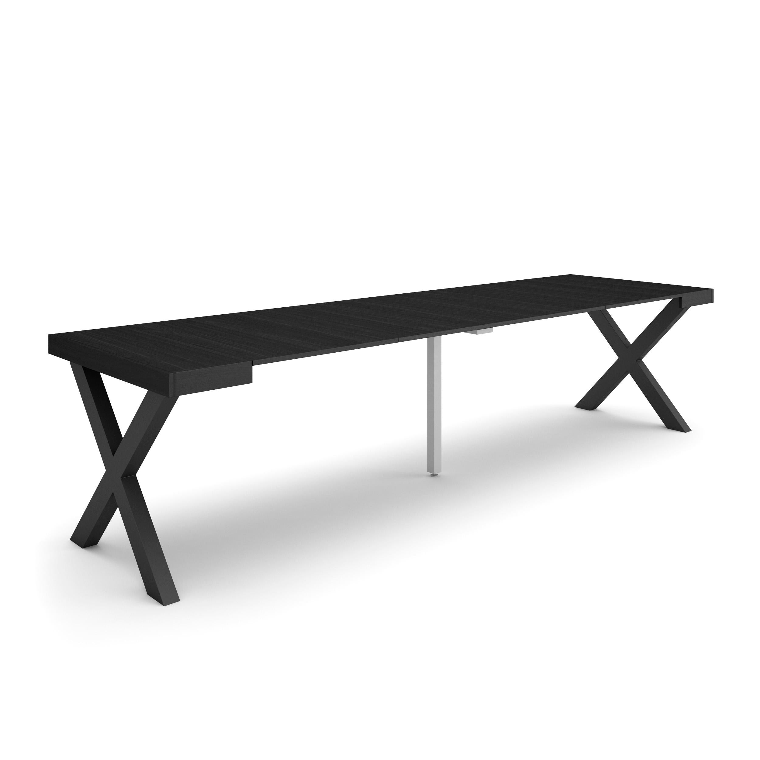 Table console extensible noire 300 cm – Jusqu’à 14 personnes – Pieds en bois massif noirs en croix