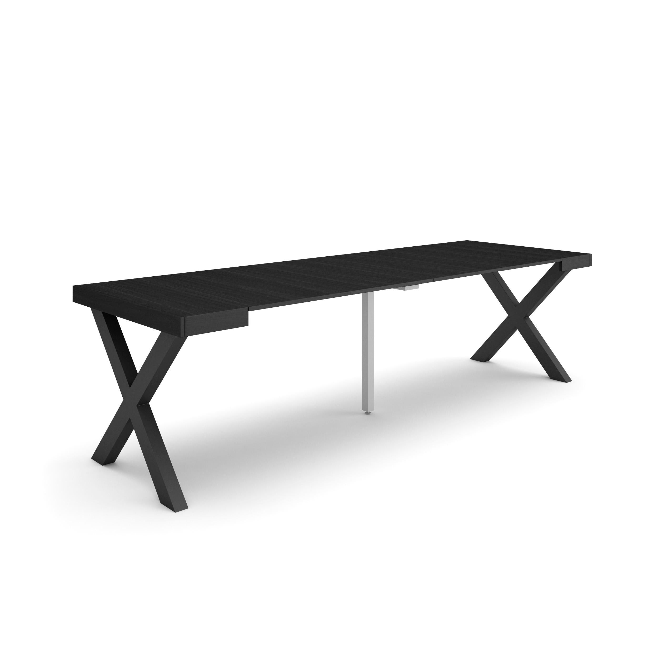 Table console extensible noire 260 cm – Jusqu’à 12 personnes – Pieds en bois massif noirs en croix