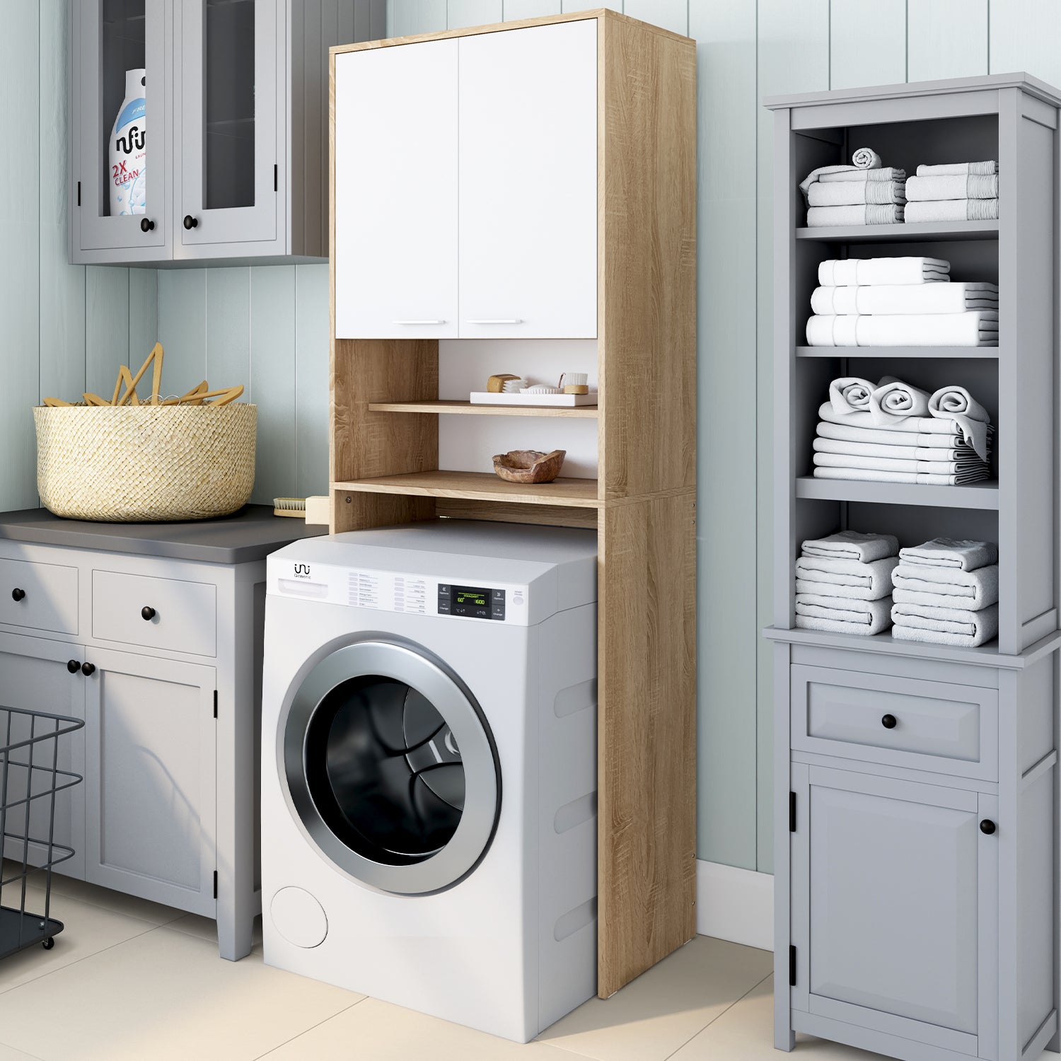 Meuble spécial dessus machine à laver Will blanc et bois