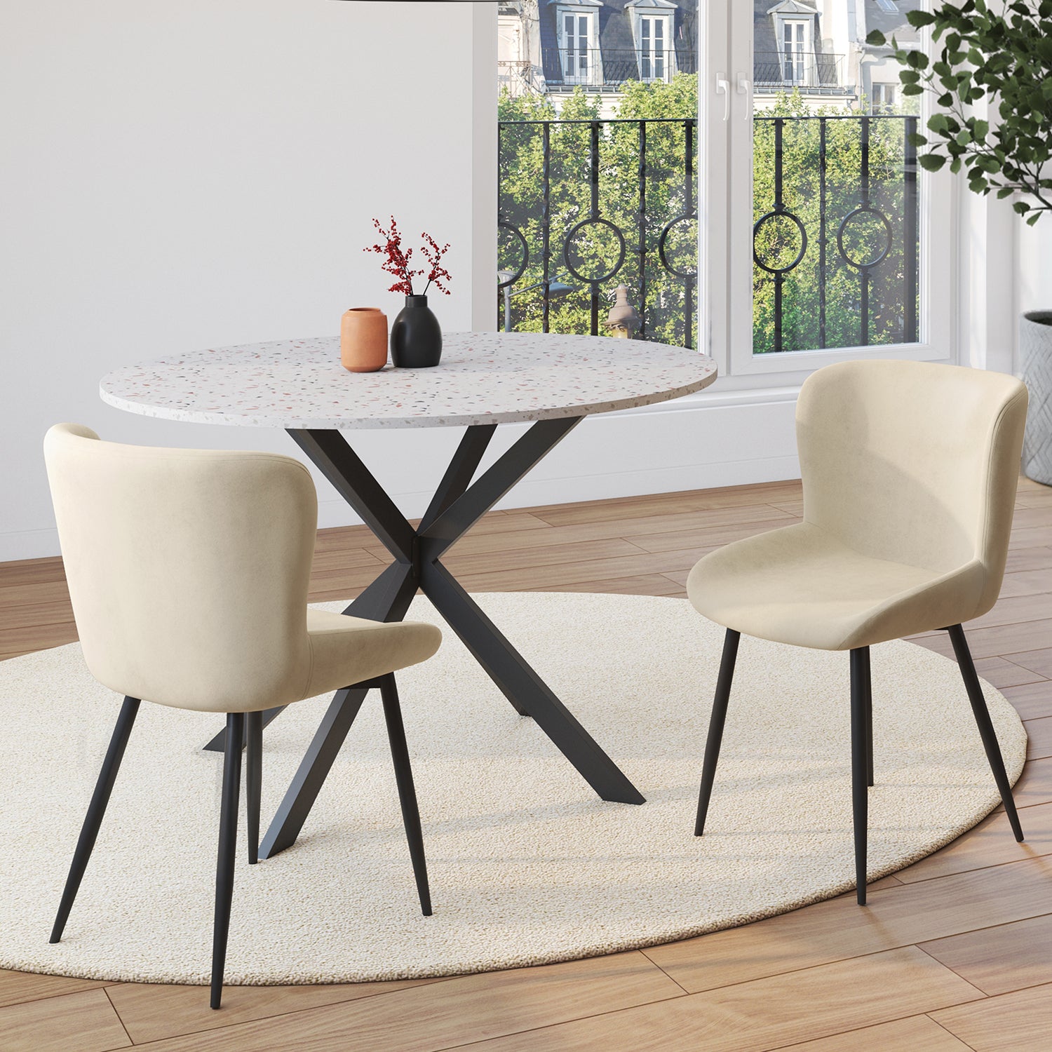 Chaises Taylor en velours crème et pieds métal noirs - lot de 2