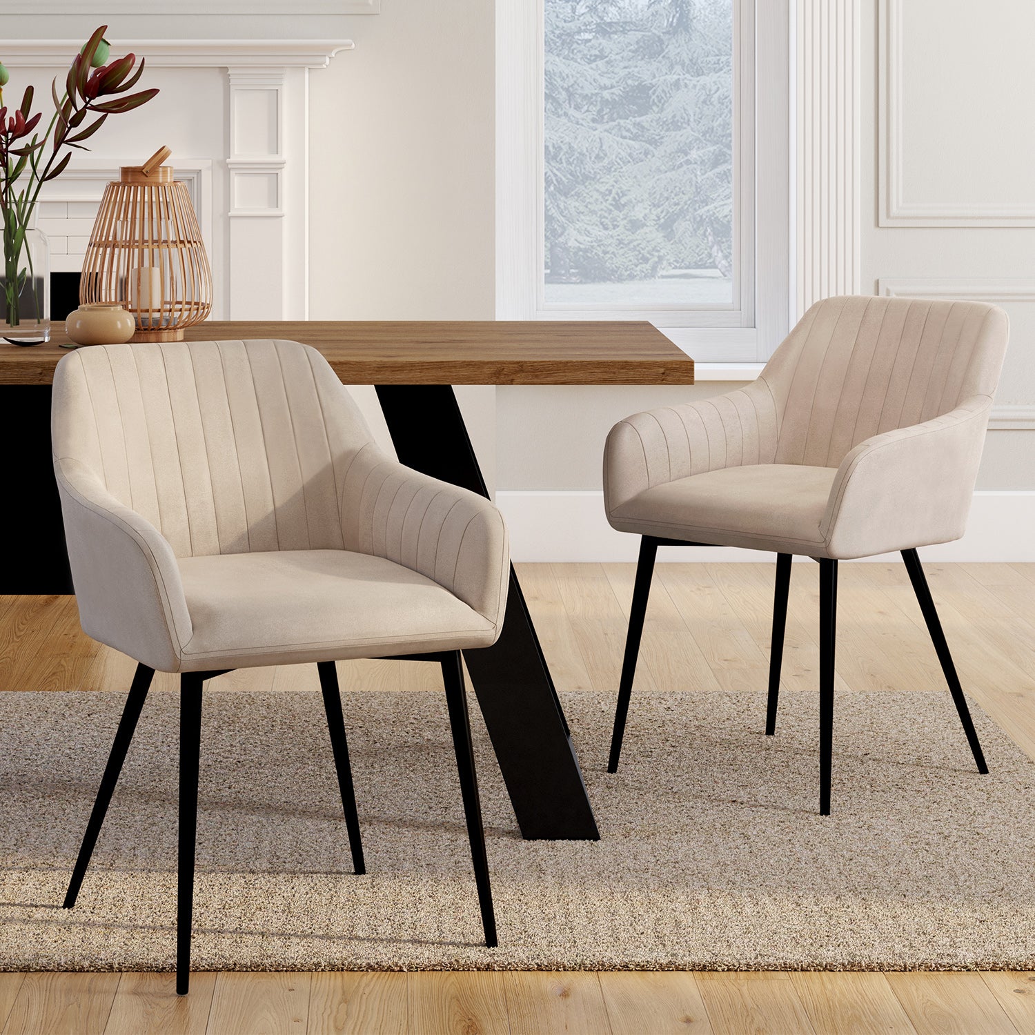 Chaises avec accoudoirs Ariana en velours taupe et pieds métal - lot de 2