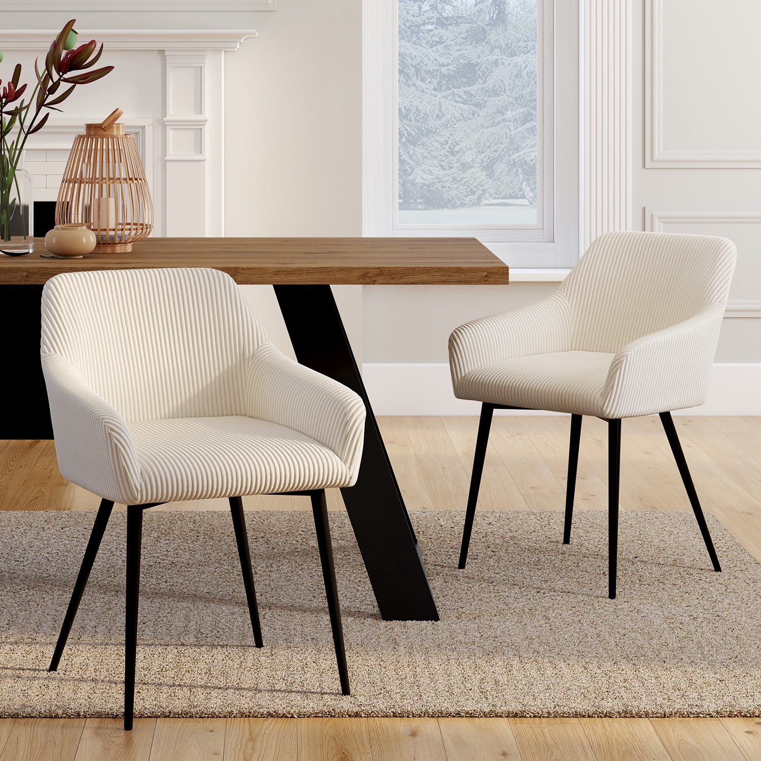 Chaises avec accoudoirs Jenny en velours côtelé crème et pieds métal - lot de 2