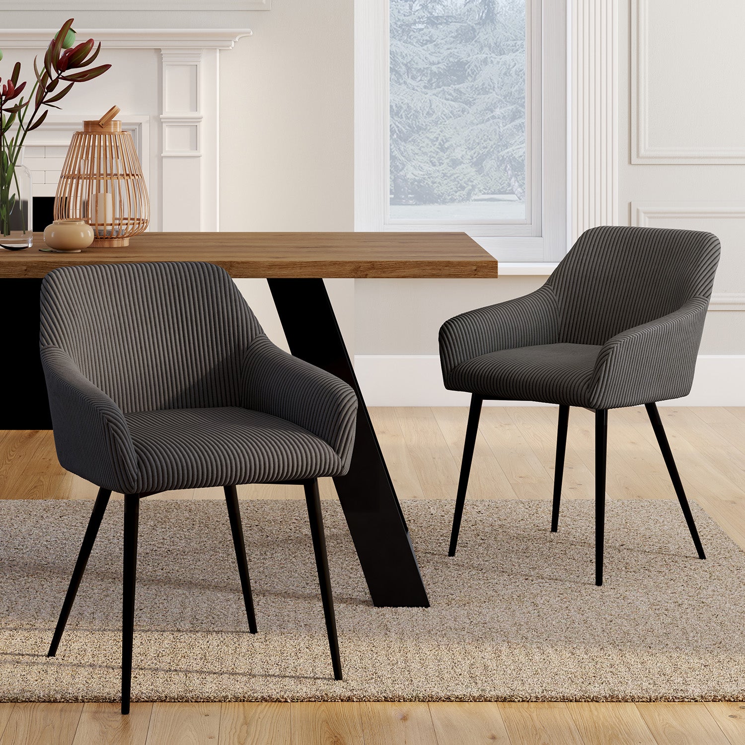 Chaises avec accoudoirs Jenny en velours côtelé gris et pieds métal - lot de 2