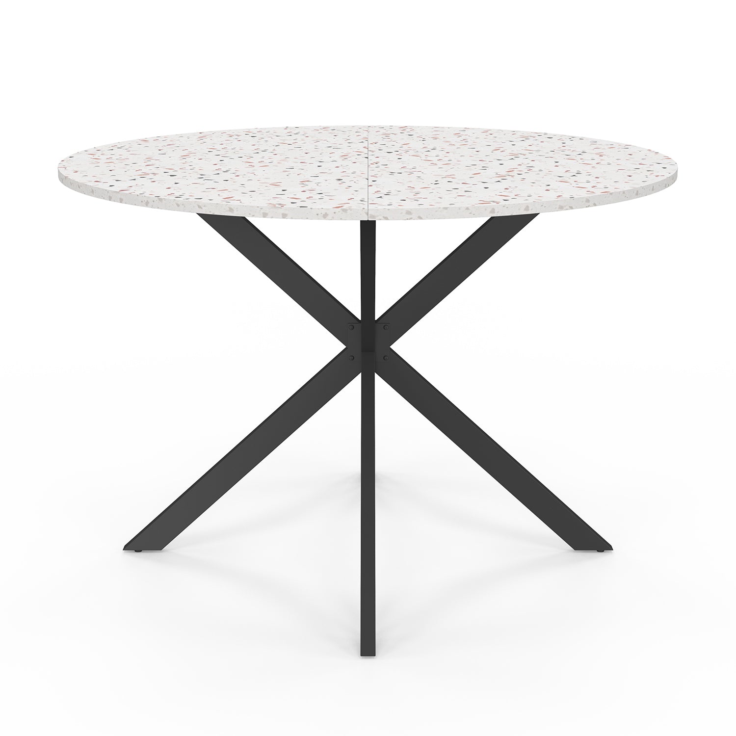 Table repas Soline 110cm plateau rond effet Terrazzo et pieds croisés noirs