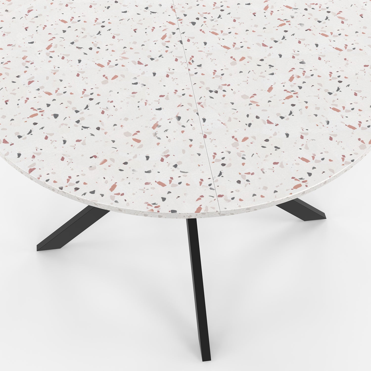 Table repas Soline 110cm plateau rond effet Terrazzo et pieds croisés noirs
