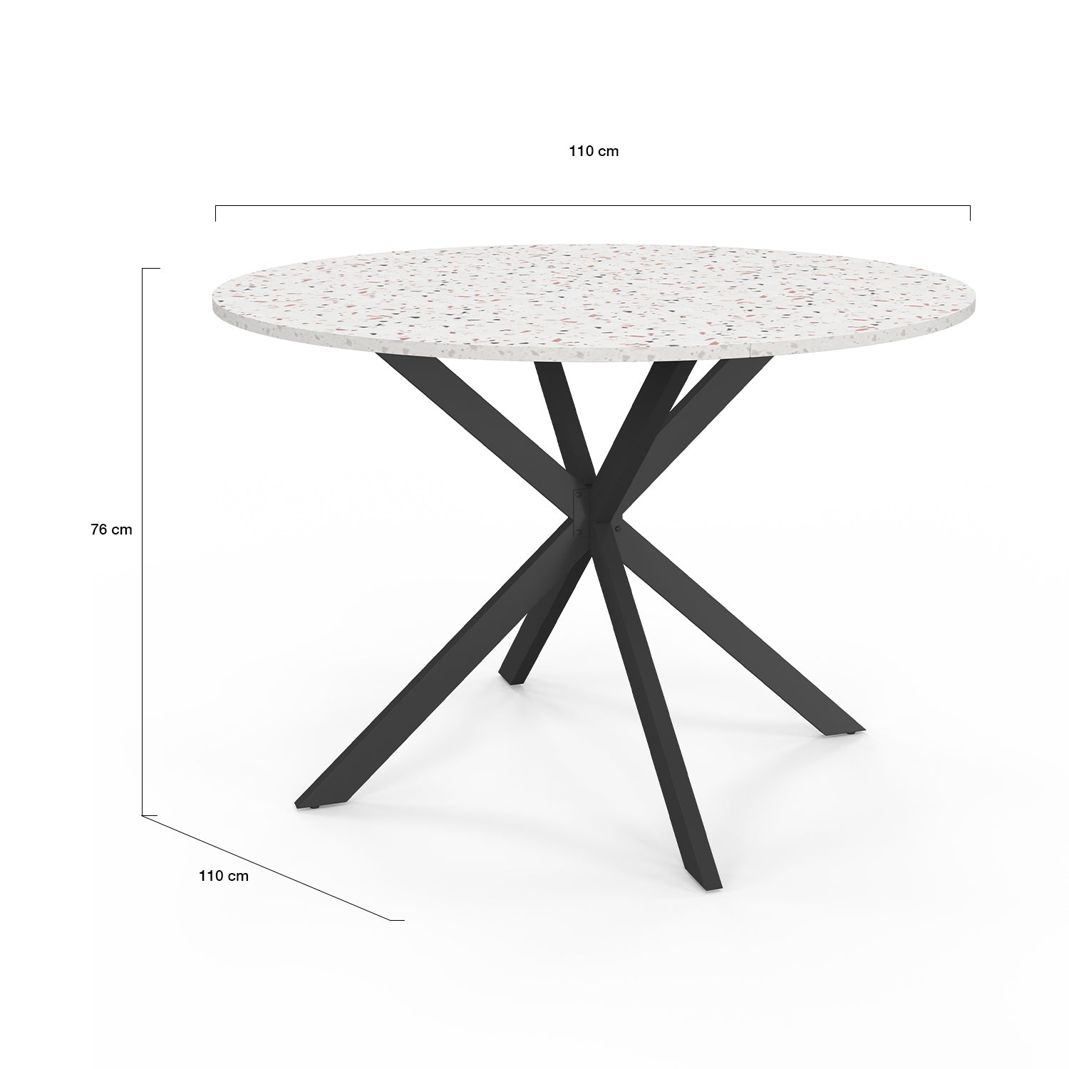 Table repas Soline 110cm plateau rond effet Terrazzo et pieds croisés noirs