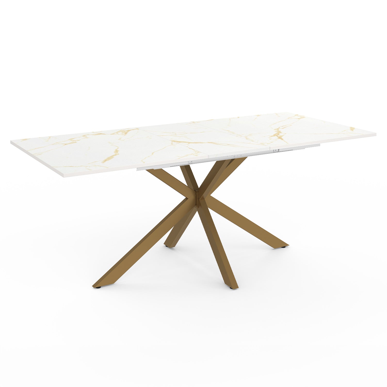 Table repas Glam plateau extensible 160-200cm effet marbre blanc et pieds croisés dorés