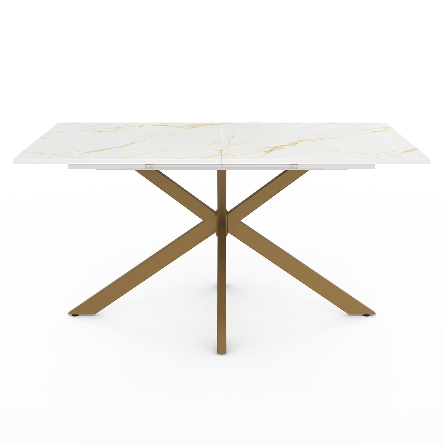 Table repas Glam plateau extensible 160-200cm effet marbre blanc et pieds croisés dorés