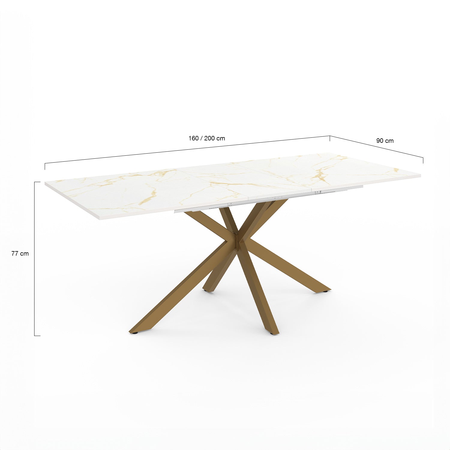 Table repas Glam plateau extensible 160-200cm effet marbre blanc et pieds croisés dorés