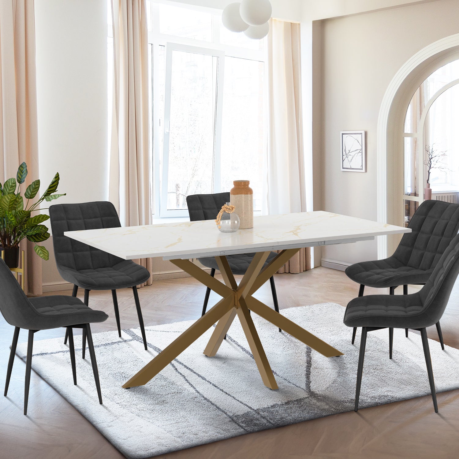 Table repas Glam plateau extensible 160-200cm effet marbre blanc et pieds croisés dorés