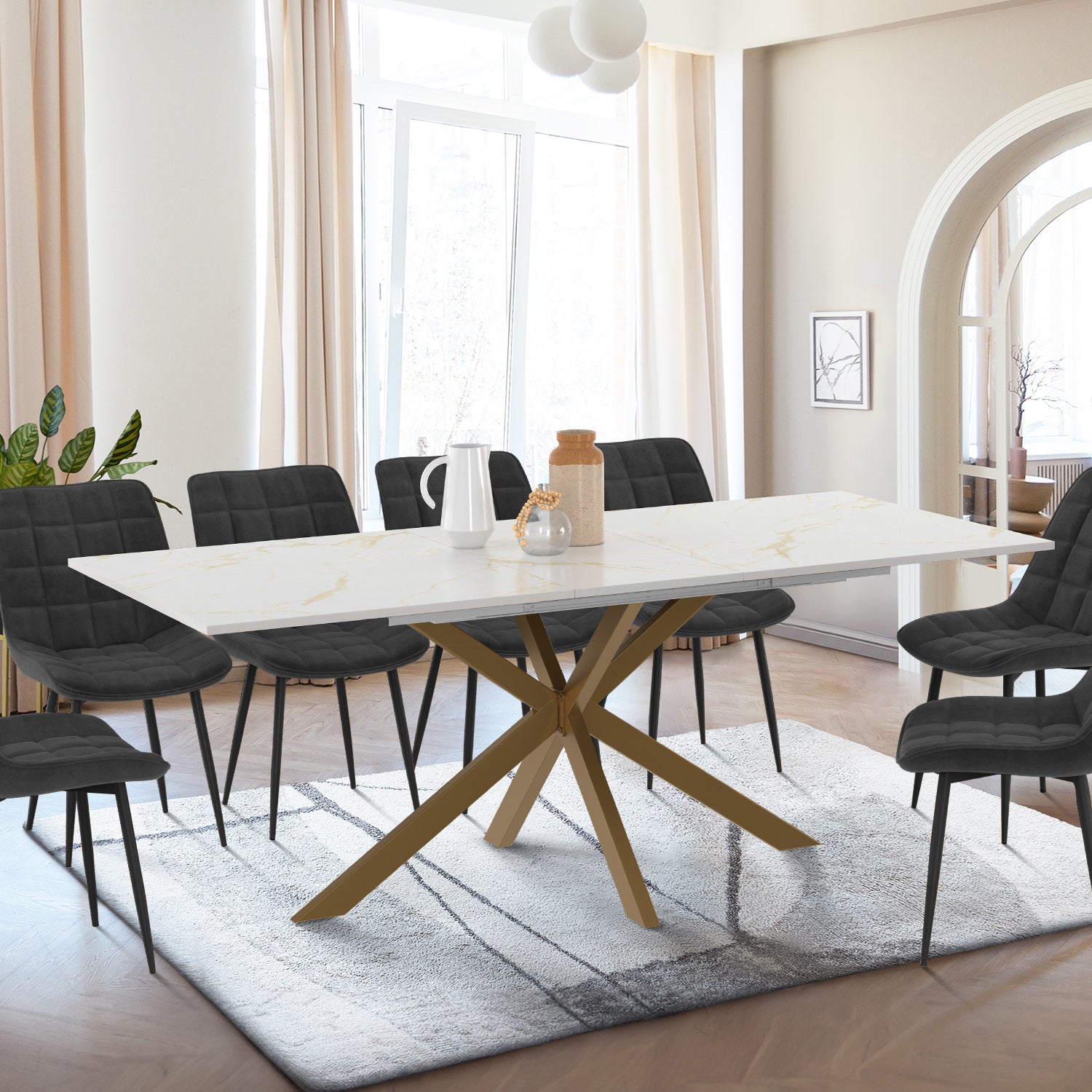 Table repas Glam plateau extensible 160-200cm effet marbre blanc et pieds croisés dorés