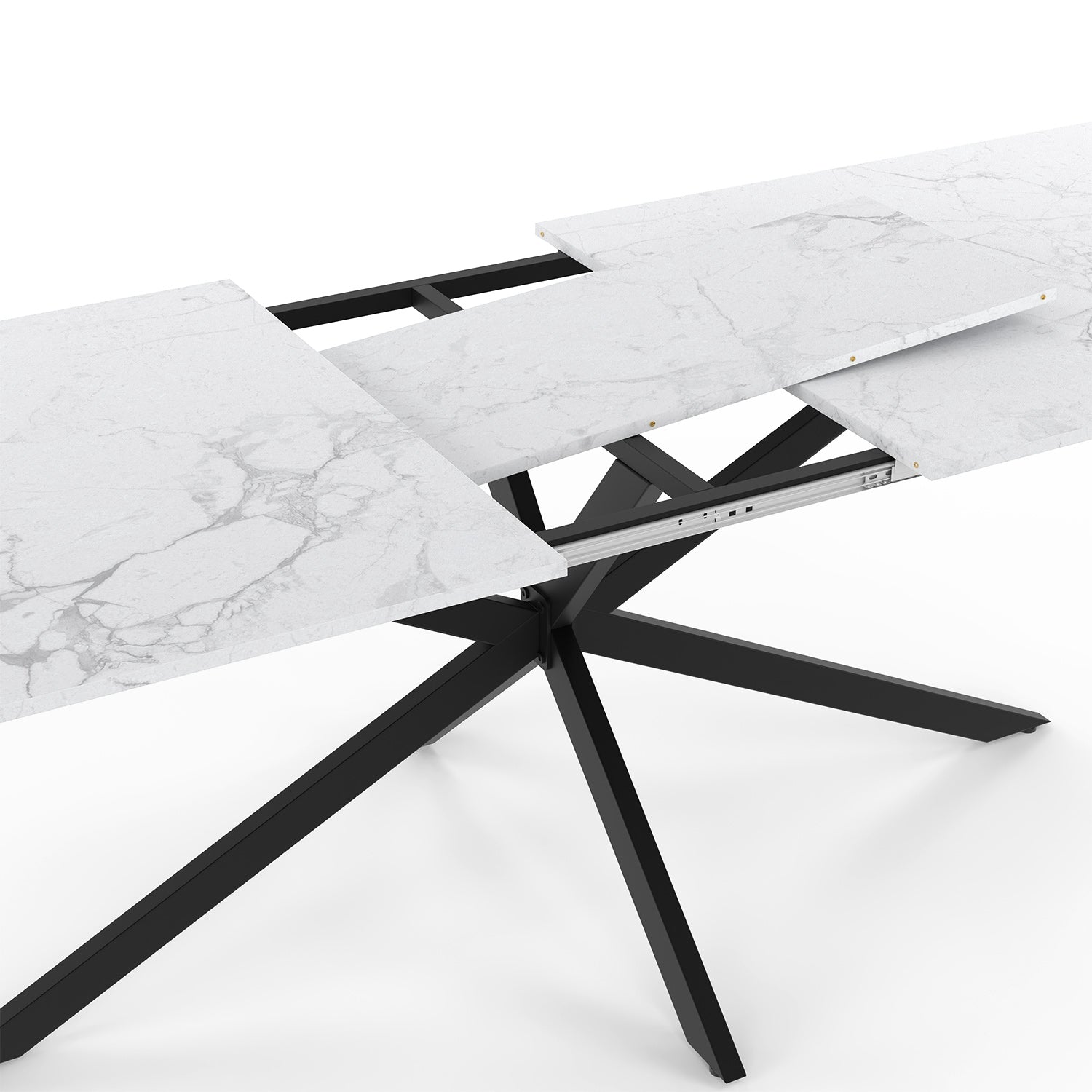 Table repas Glam plateau extensible 200-240cm effet marbre blanc et pieds croisés noirs