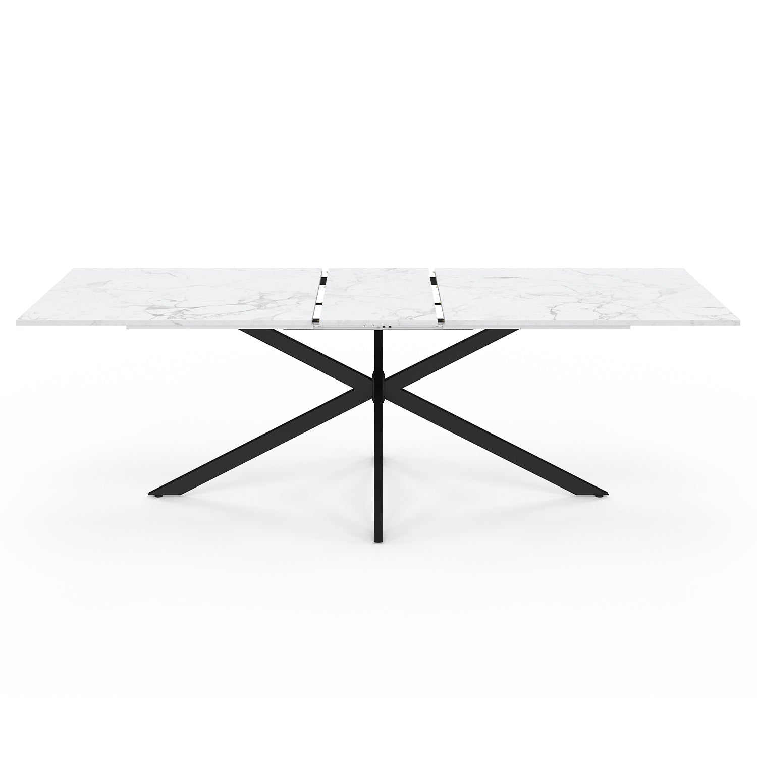 Table repas Glam plateau extensible 200-240cm effet marbre blanc et pieds croisés noirs