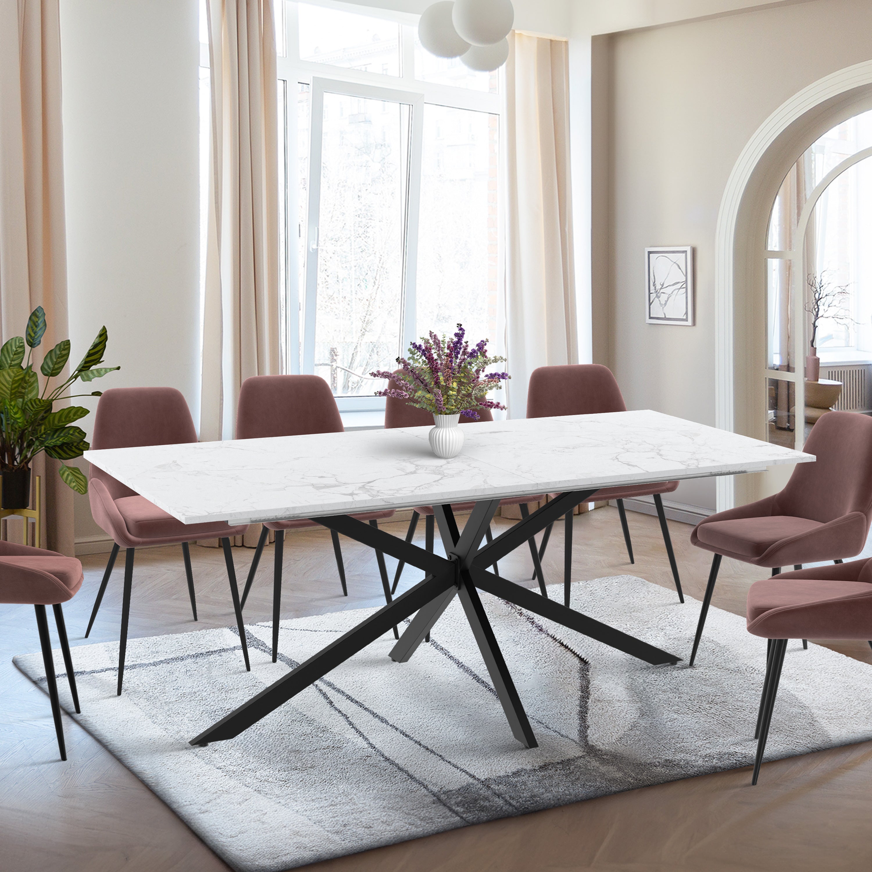 Table repas Glam plateau extensible 200-240cm effet marbre blanc et pieds croisés noirs