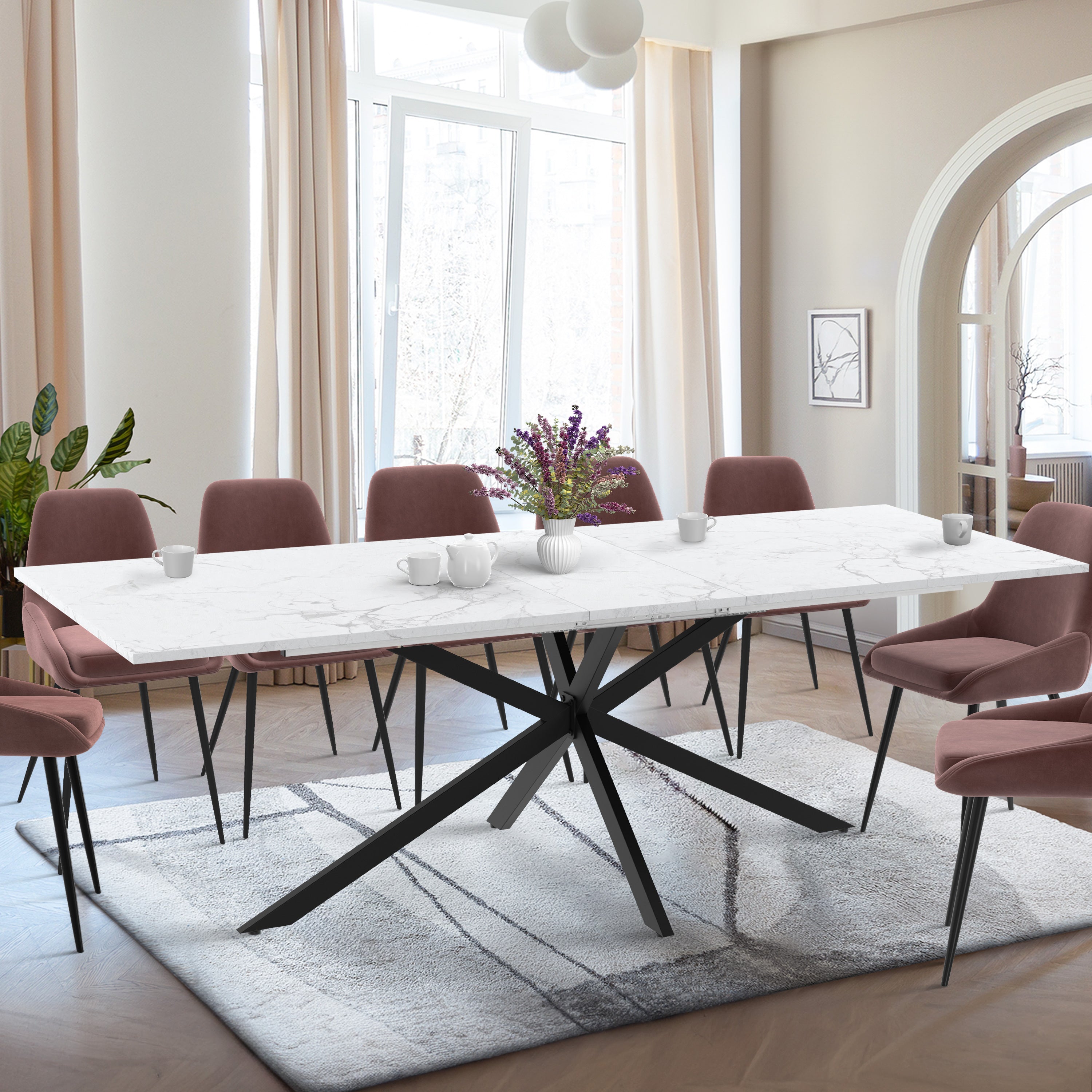 Table repas Glam plateau extensible 200-240cm effet marbre blanc et pieds croisés noirs