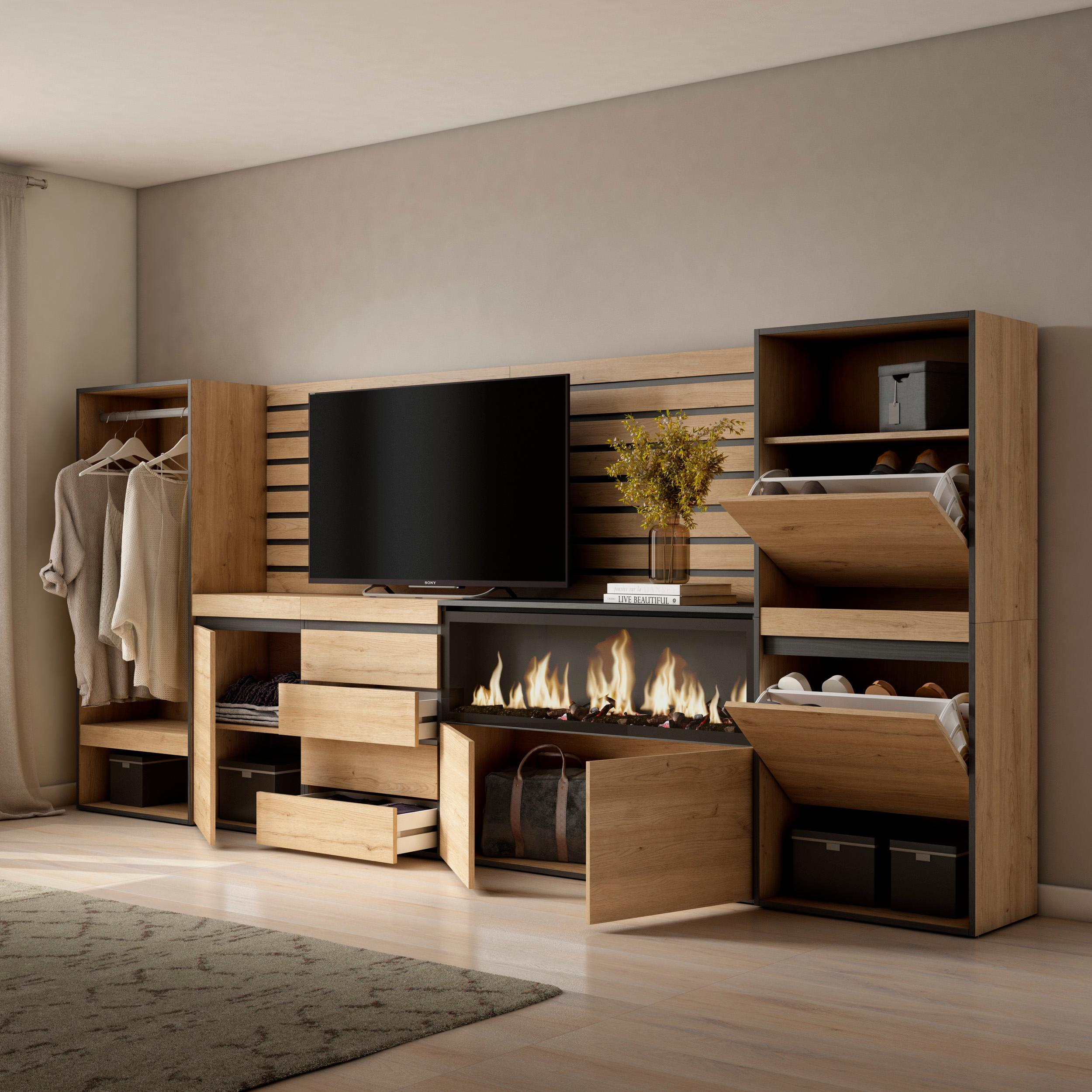 Vestiaire & Meuble TV avec cheminée LED XXL - 334x145x35 cm - Chêne & noir