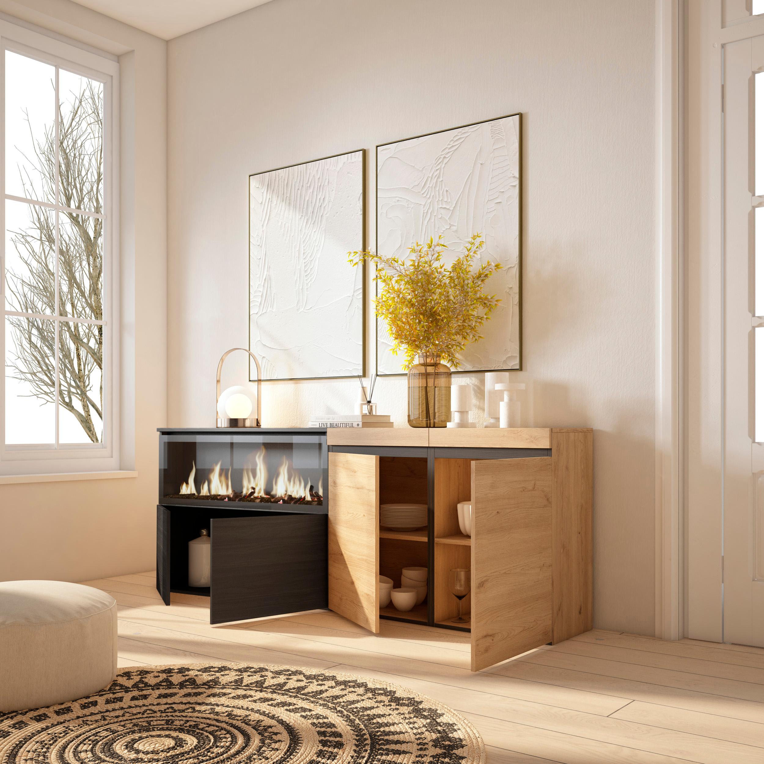 Meuble Buffet Moderne 4 Portes avec Cheminée LED XXL (côté gauche) – 208x75x35 cm – Chêne & Noir