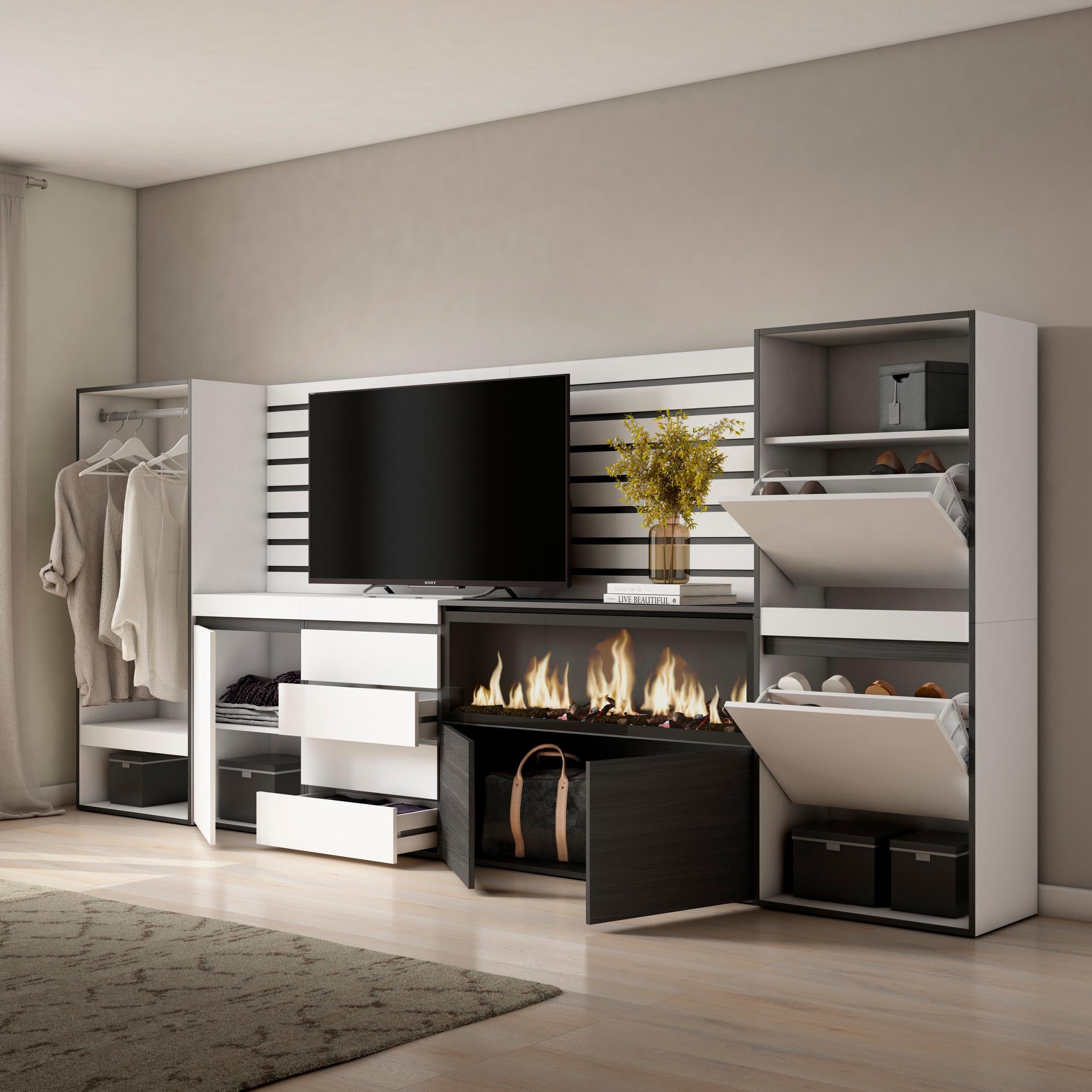 Vestiaire & Meuble TV avec cheminée LED XXL - 334x145x35 cm - Blanc & noir