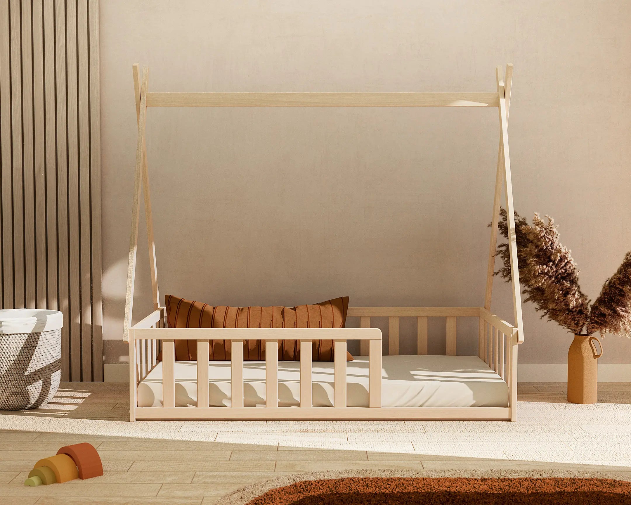 Lit Tipi au sol 70 x 140 en bois Hêtre Brut