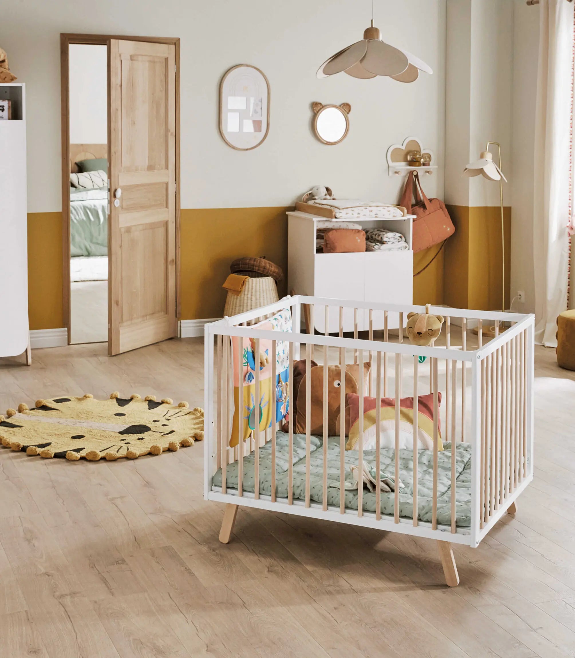 Parc bébé en bois PIRATE Blanc et Hêtre Verni 80 x 100 cm