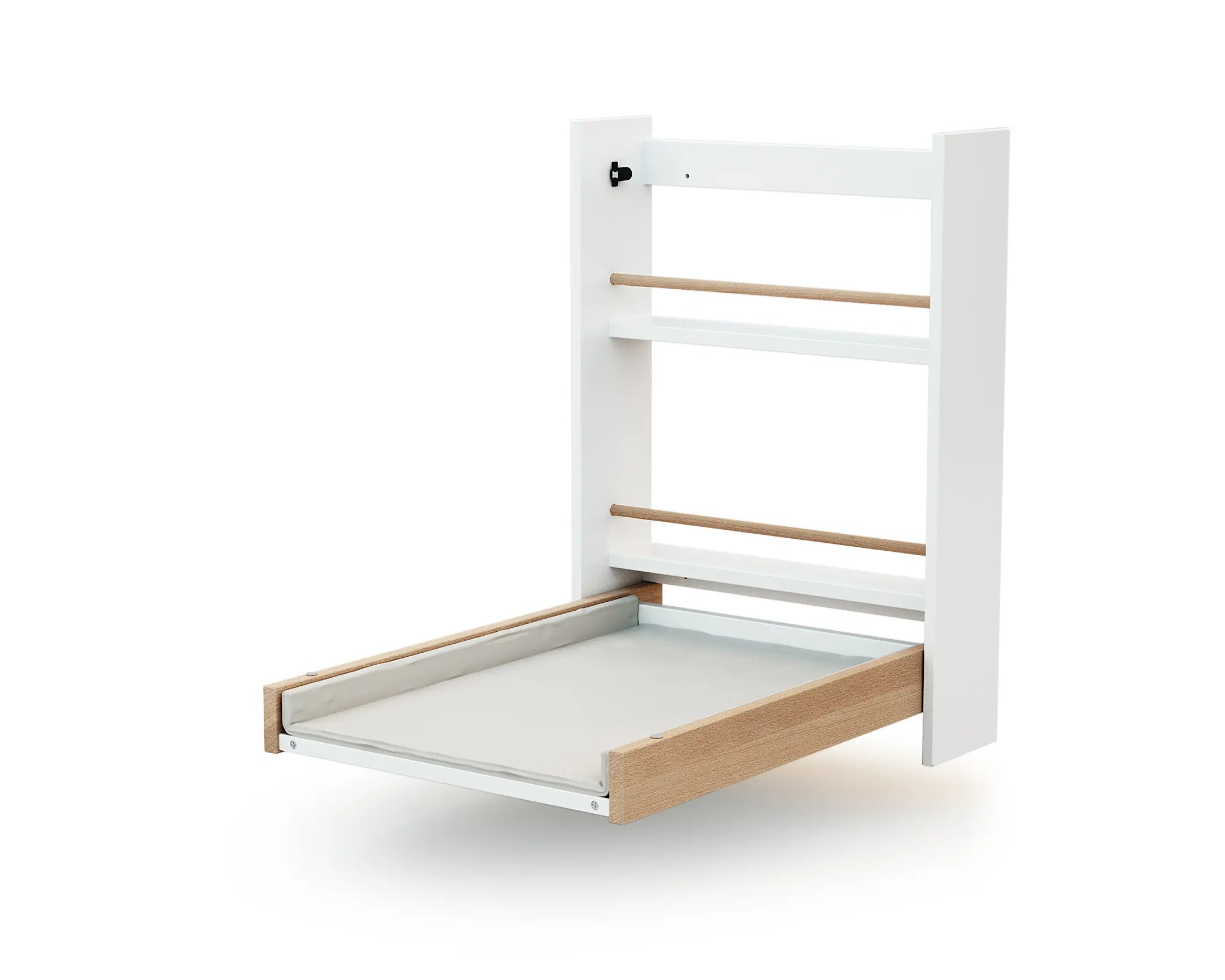 Table à langer murale rabattable en bois avec matelas ESSENTIEL Blanc et Hêtre Verni