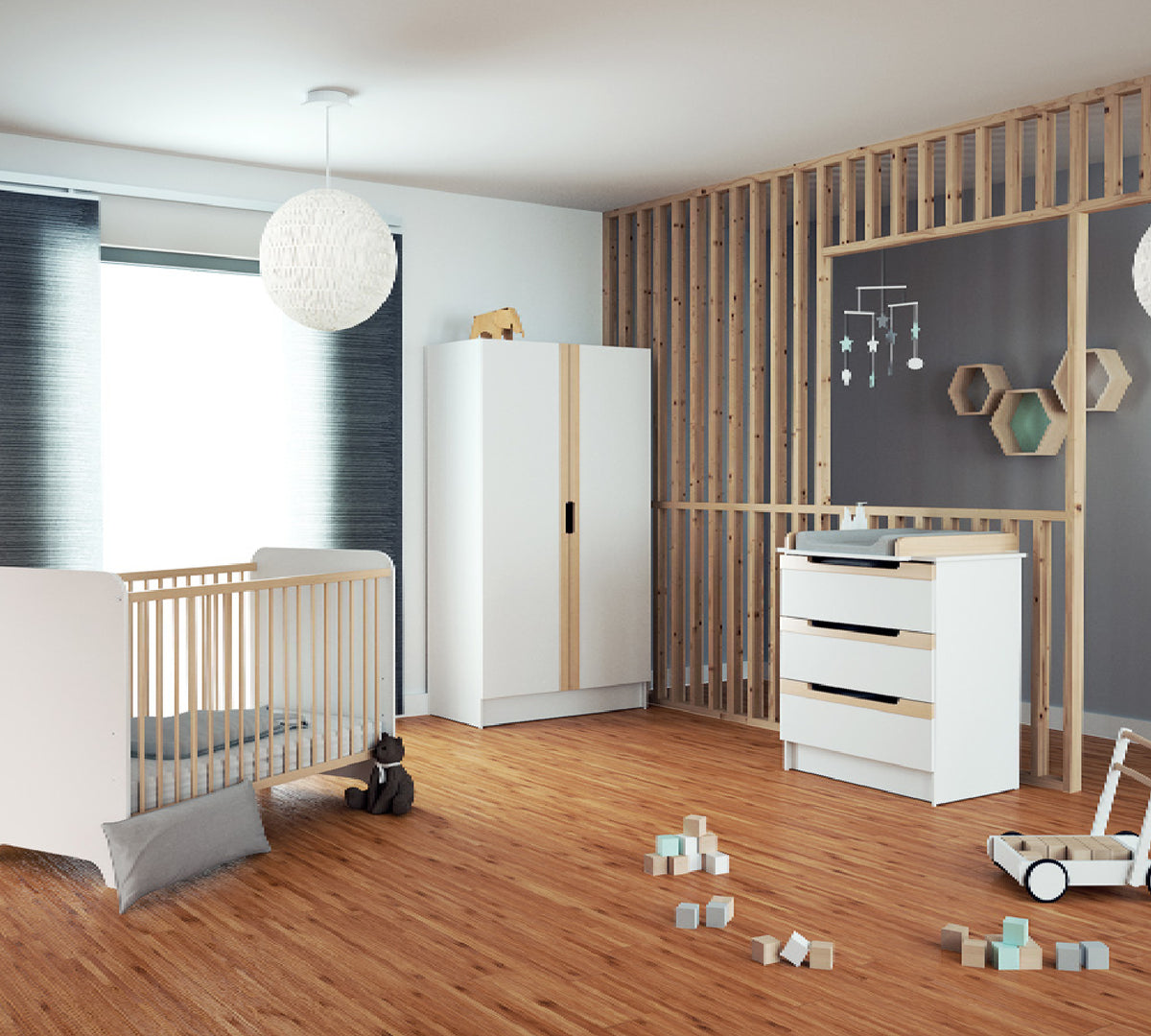 Lit bébé en bois CARROUSEL Blanc et Hêtre Verni 60 x 120 cm