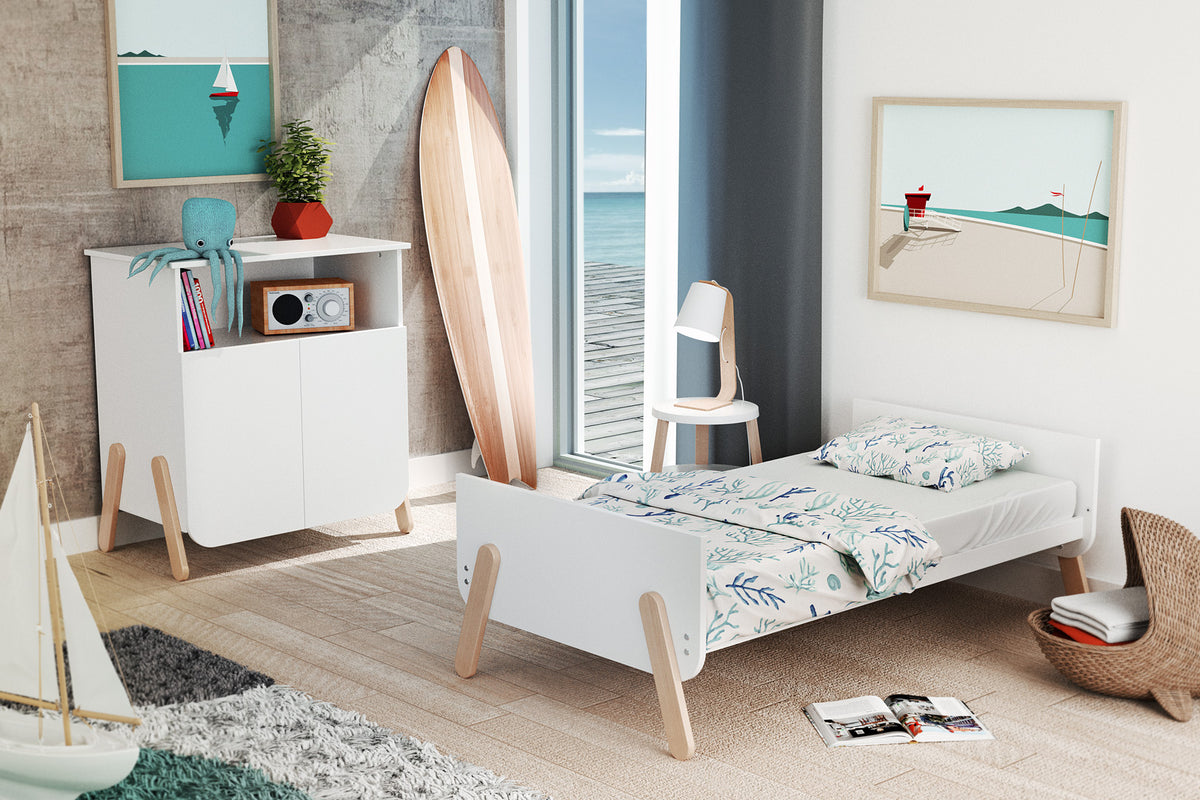 Meuble à langer 2 portes, 1 niche en bois PIRATE Blanc et Hêtre