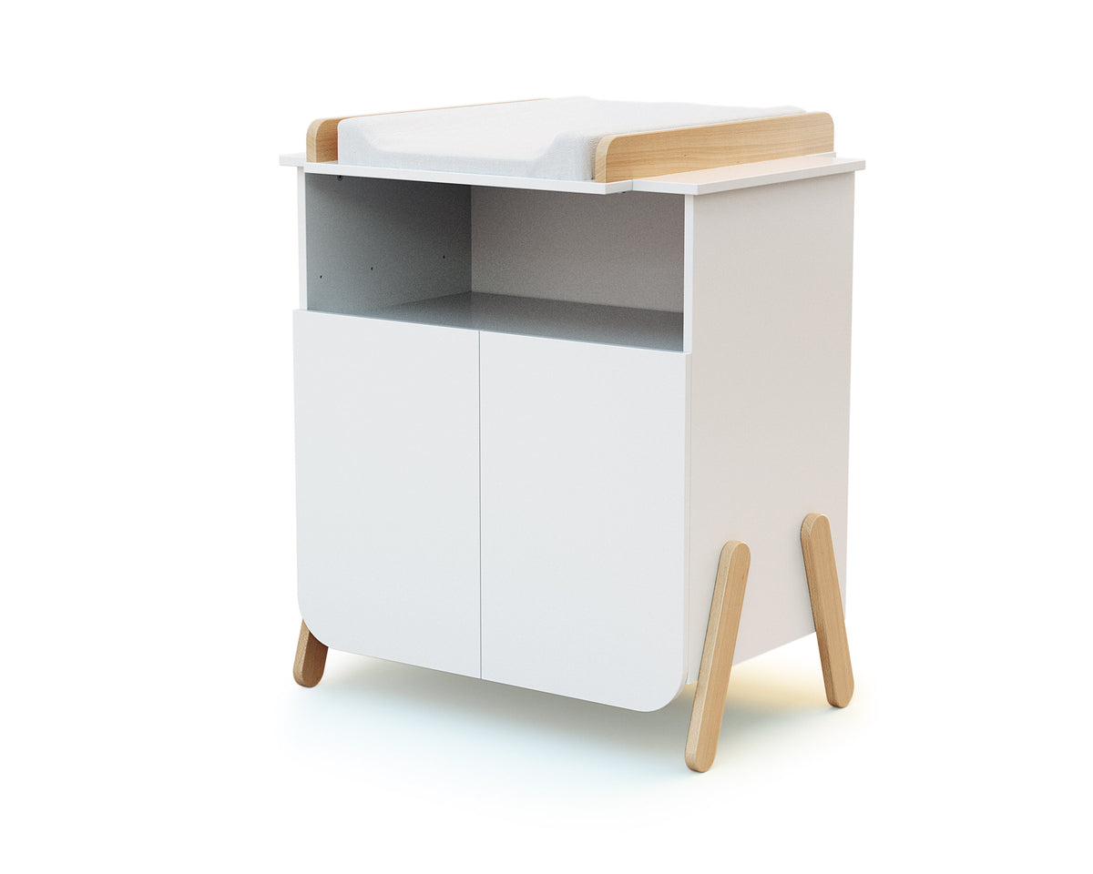 Meuble à langer 2 portes, 1 niche en bois PIRATE Blanc et Hêtre