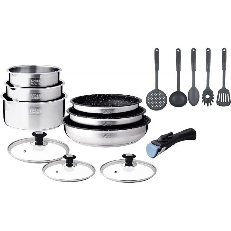 Batterie de Cuisine 15 Pièces Arthur Martin Poêles et Casseroles en Inox avec Accessoires