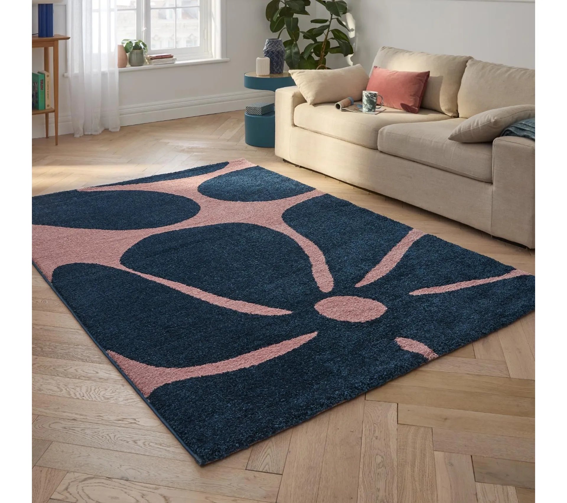 Tapis intérieur à poils longs - motifs fleurs - Groovy - Bleu