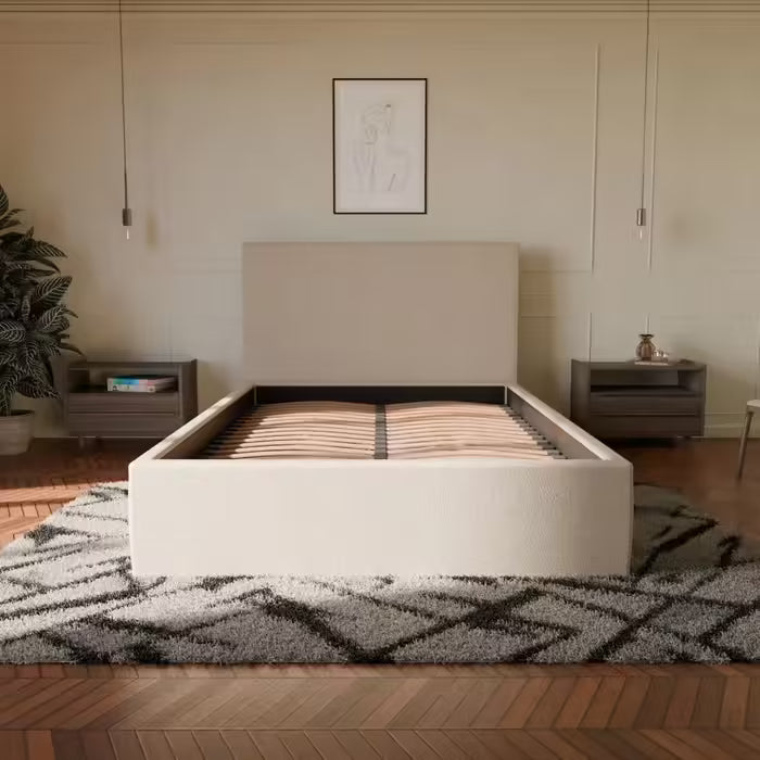 Lit coffre avec Tête - Beige - Tissu Bouclé - Emma