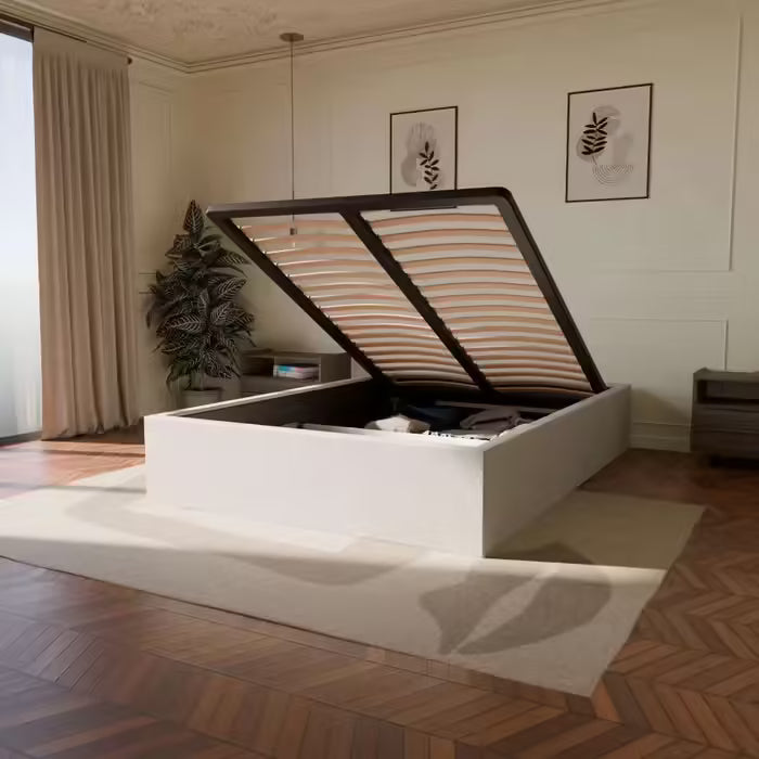 Lit coffre avec Tête - Beige - Tissu Bouclé - Emma