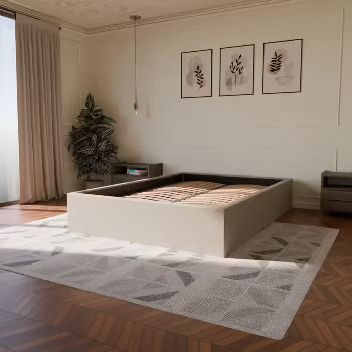 Lit coffre avec Tête - Beige - Tissu Bouclé - Emma