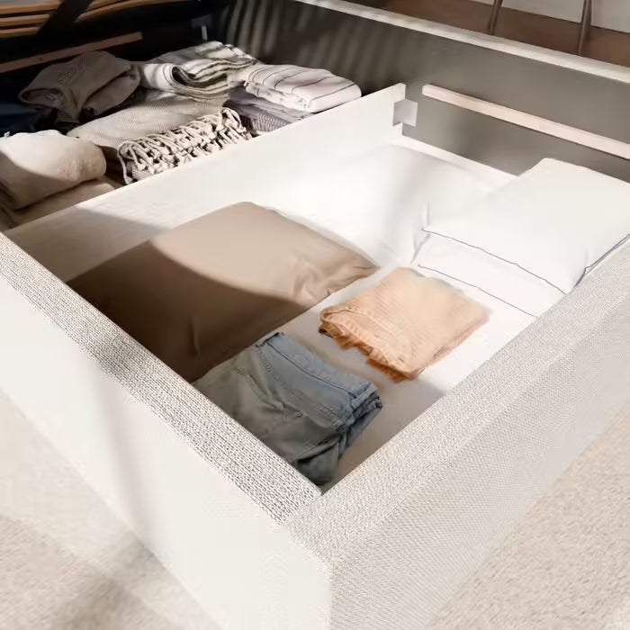 Lit coffre sans Tête - Blanc Cassé - Tissu Bouclé - Emma