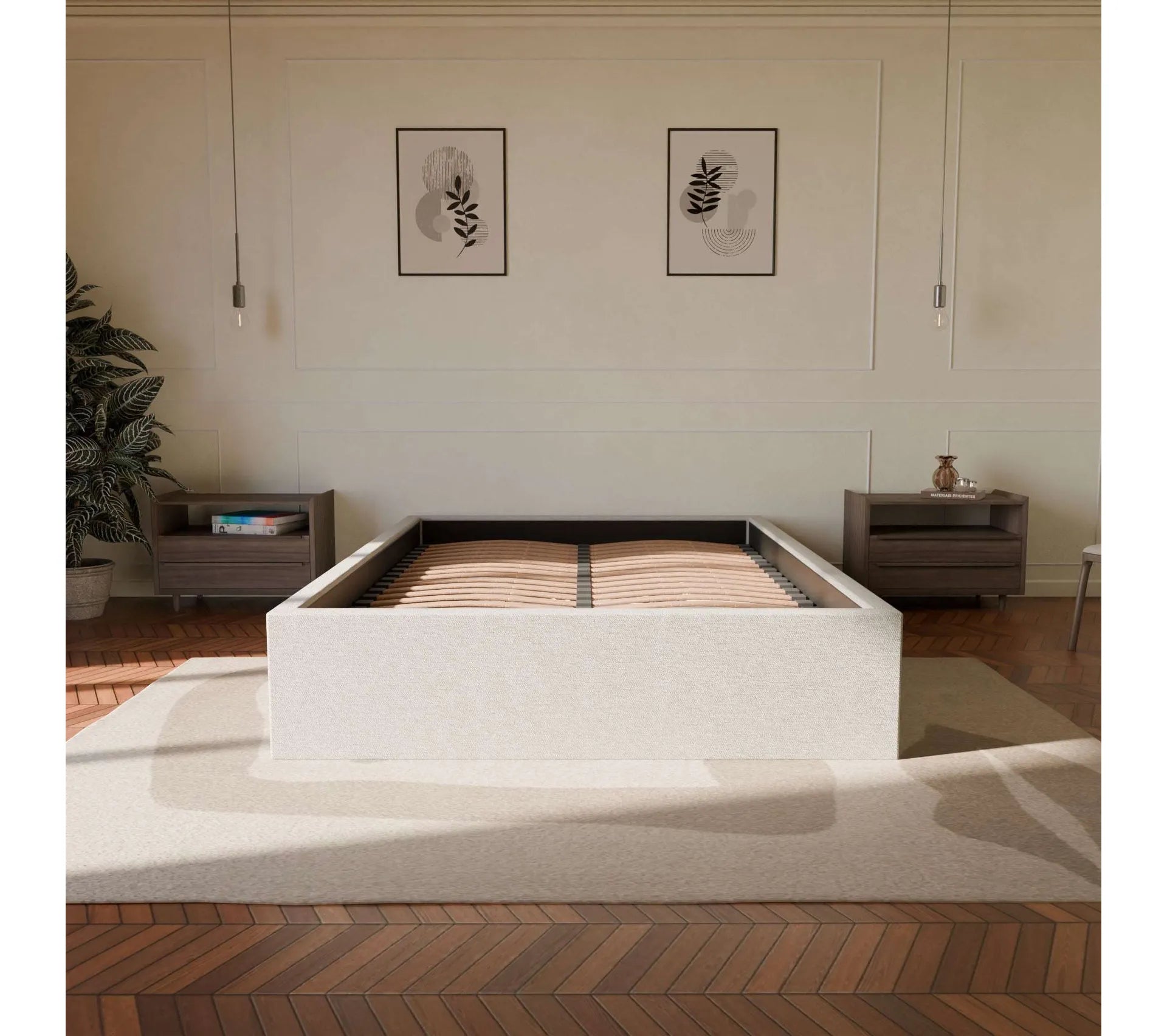 Lit coffre sans Tête - Blanc Cassé - Tissu Bouclé - Emma