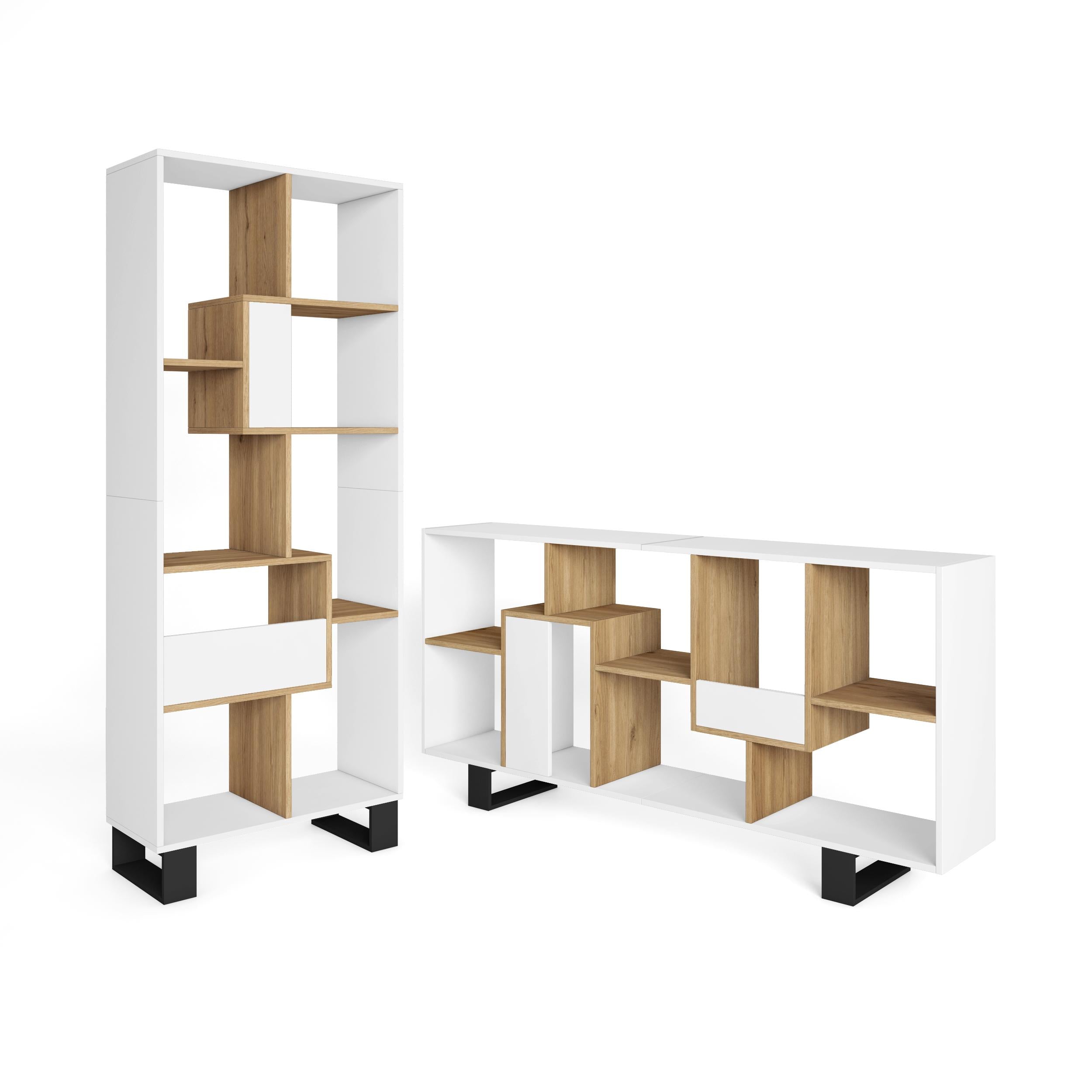 Étagère bibliothèque 174x67x31cm, horizontal ou vertical Design industriel Blanc et Chêne