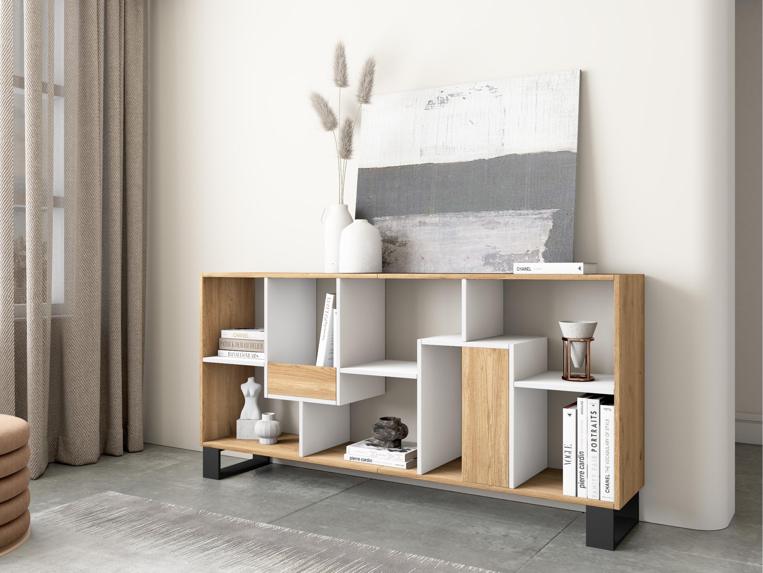 Étagère bibliothèque 174x67x31cm, horizontal ou vertical Design industriel Chêne et blanc