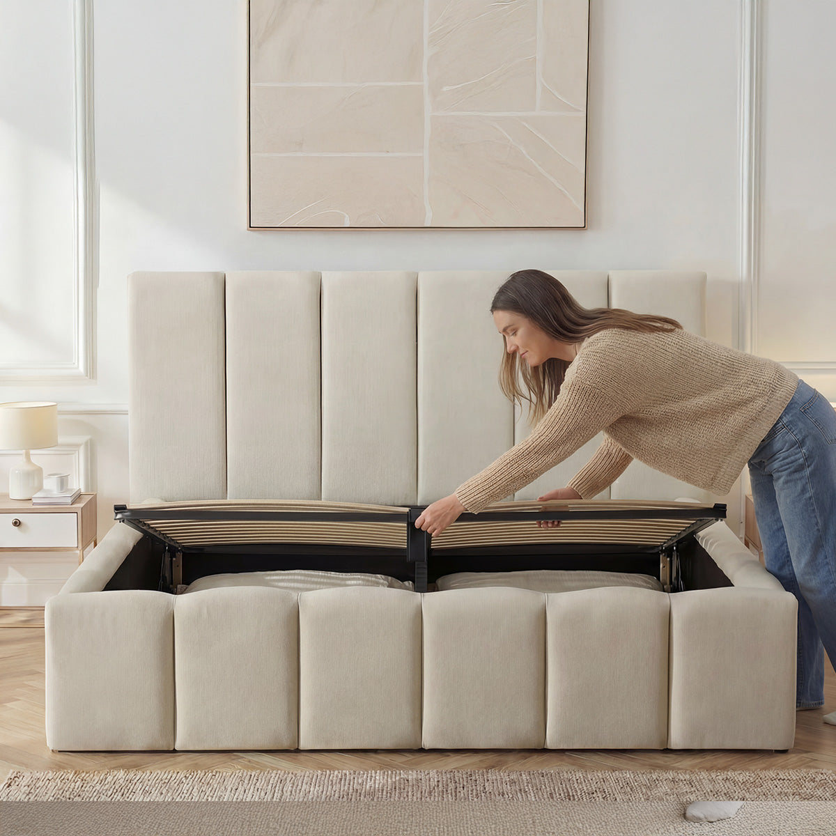 Lit coffre beige Madeleine avec tête de lit 160x200 cm